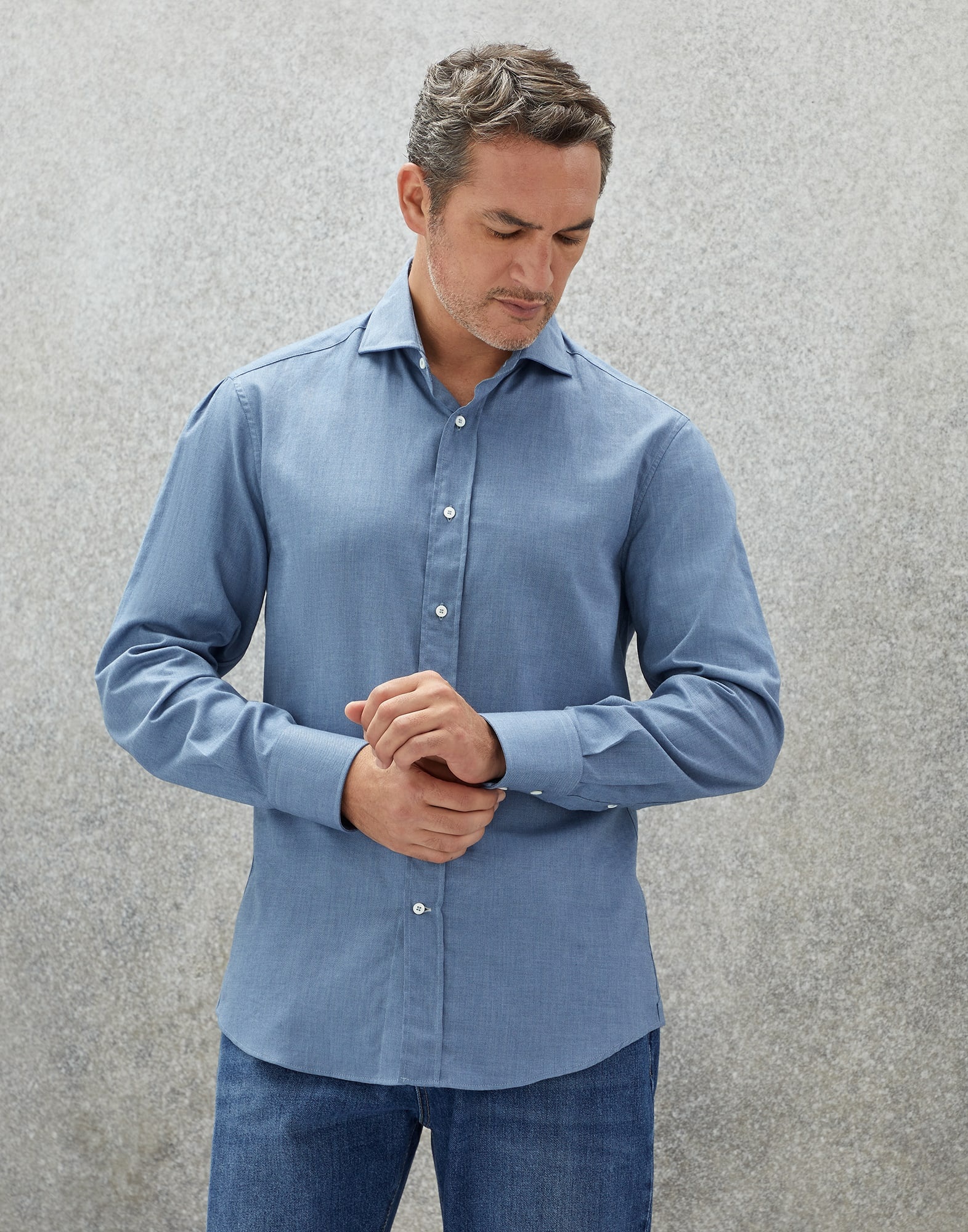 Denim-effect flannel slim fit shirt with spread collar - 1