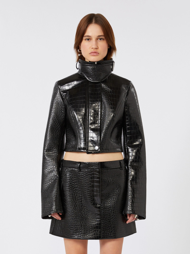 SULTANO Patent leather cropped jacket with alligator print - BLACK 3