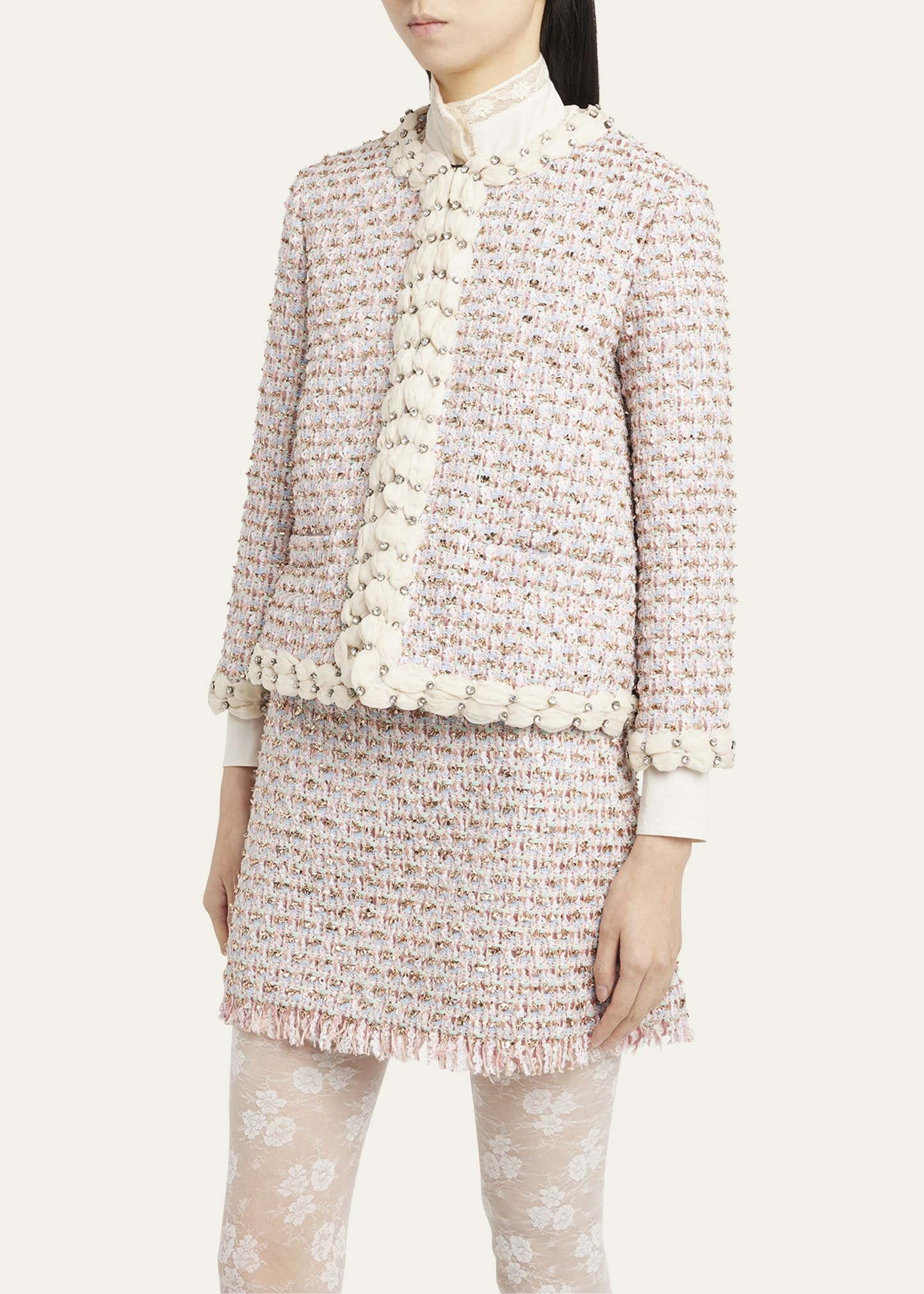 Boxy Crystal-Embellished Tweed Jacket - 4