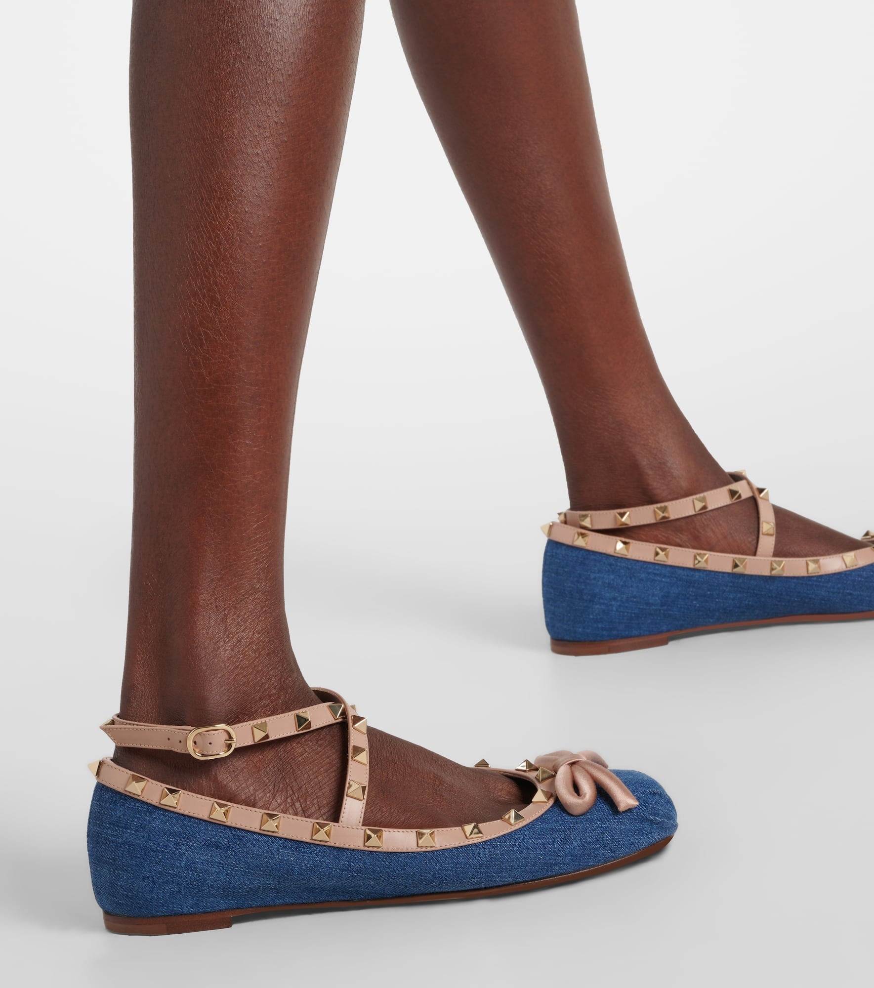 Rockstud leather-trimmed denim ballet flats - 4