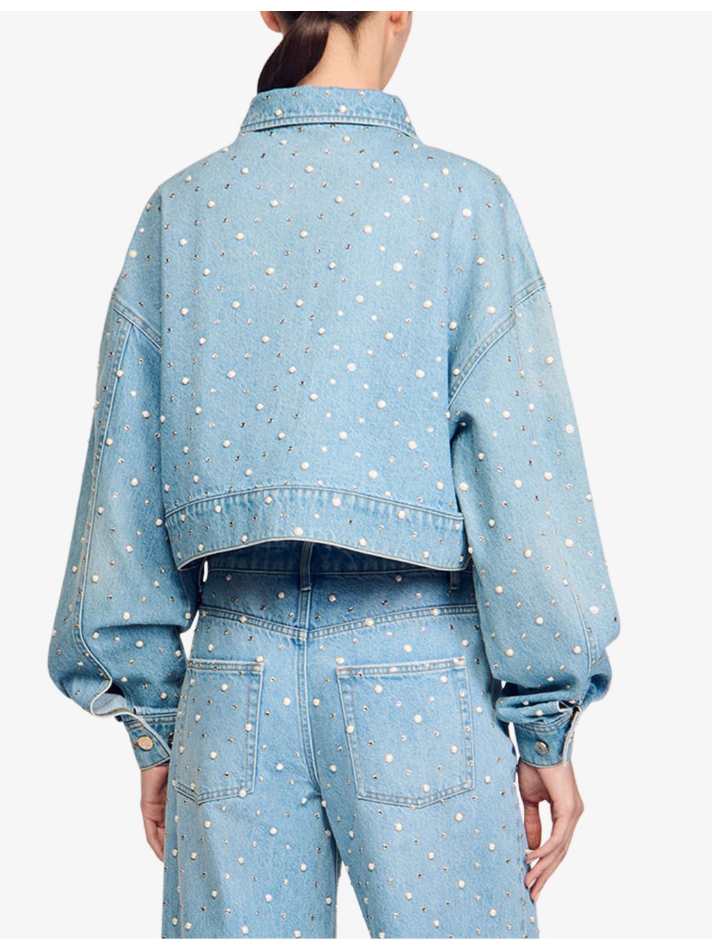 Rhinestone-Embellished Puff-Sleeve Denim Jacket - 4