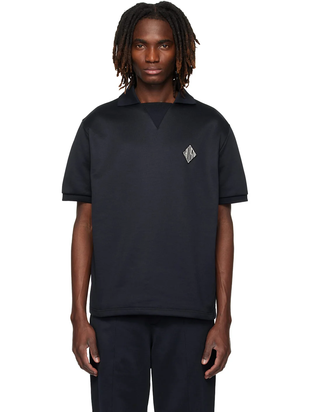 Black Loose Fit Badge Accent Fleece Polo - 1