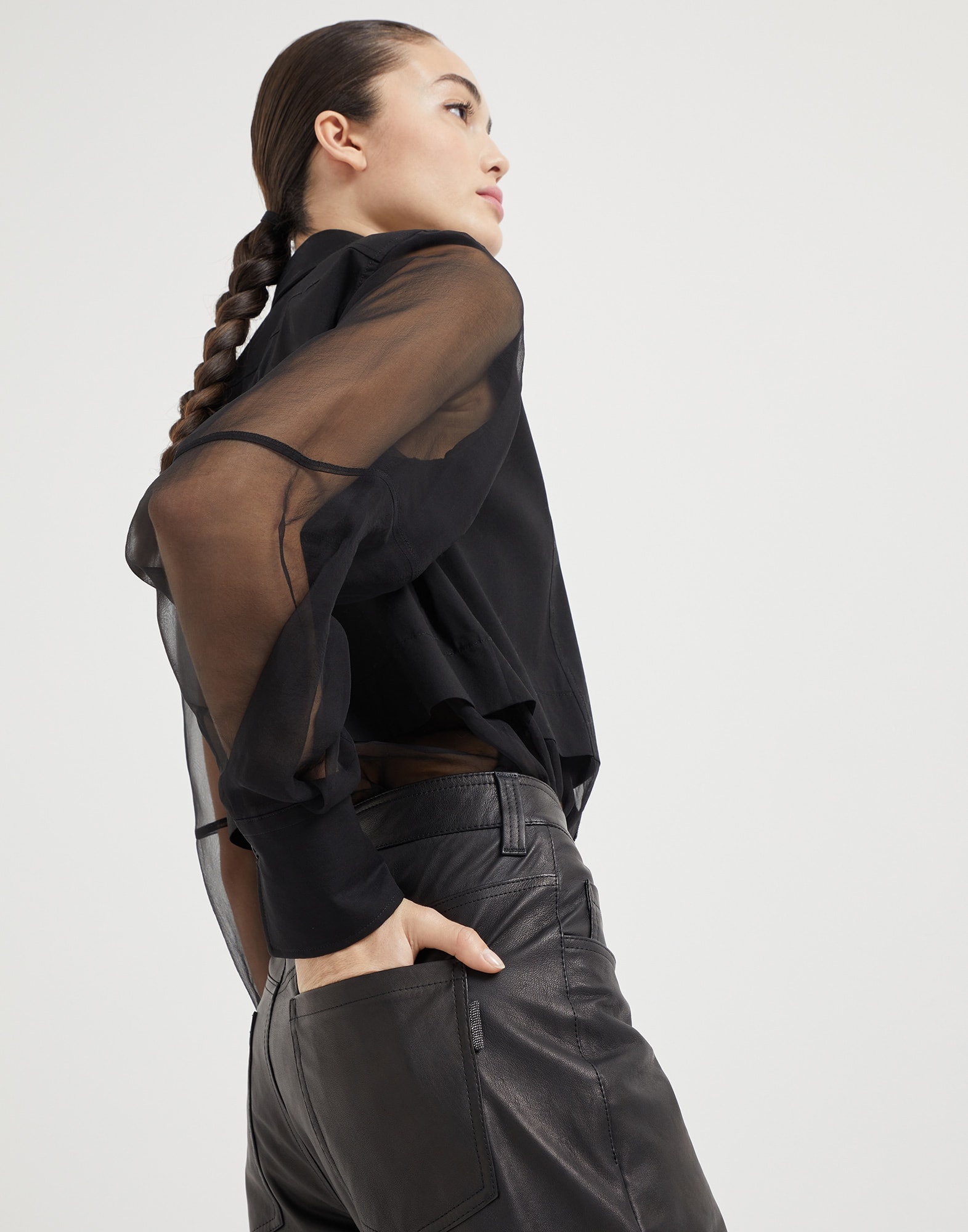 Natural leather straight five-pocket trousers with shiny tab - 3