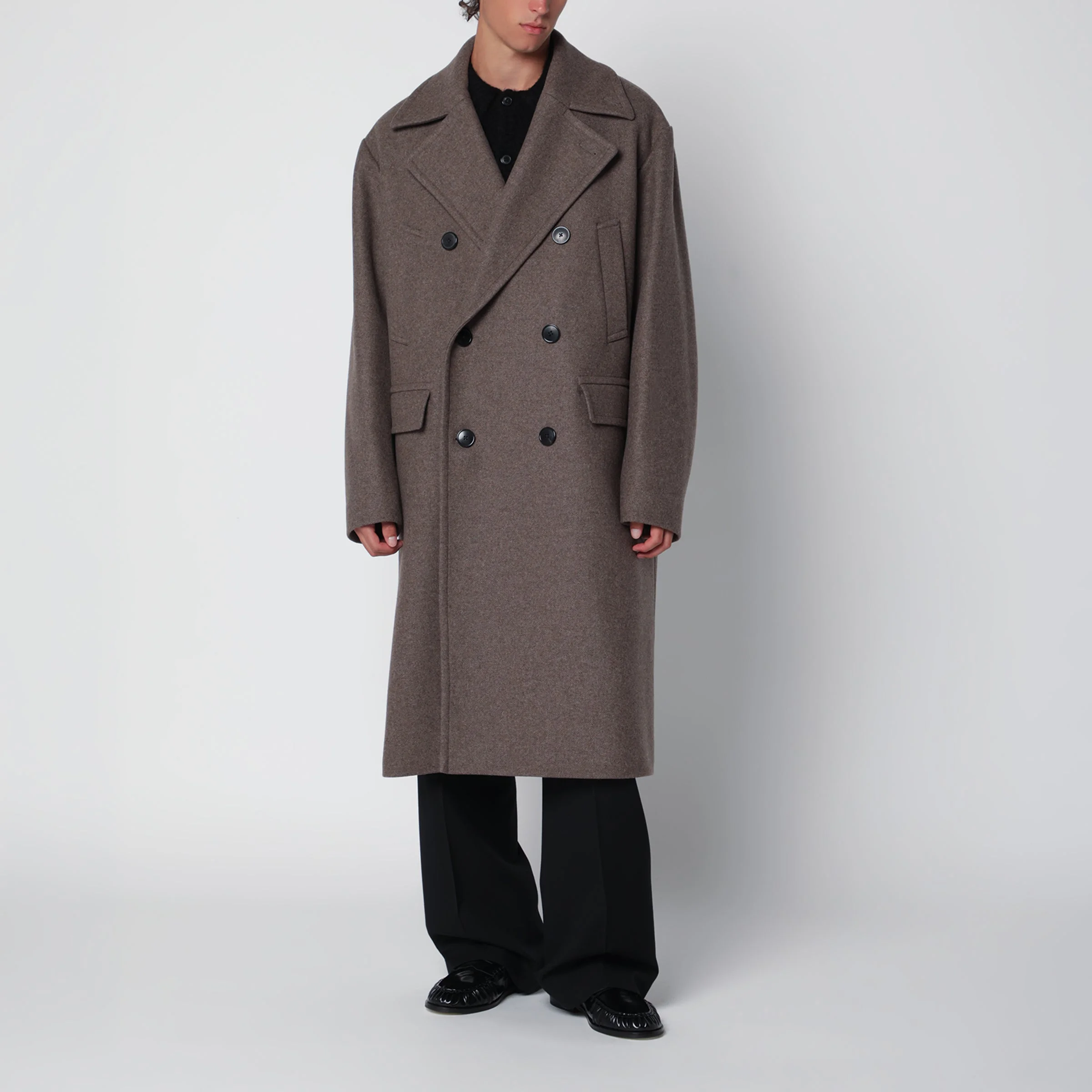 Taupe double-breasted coat in a wool blend - 1