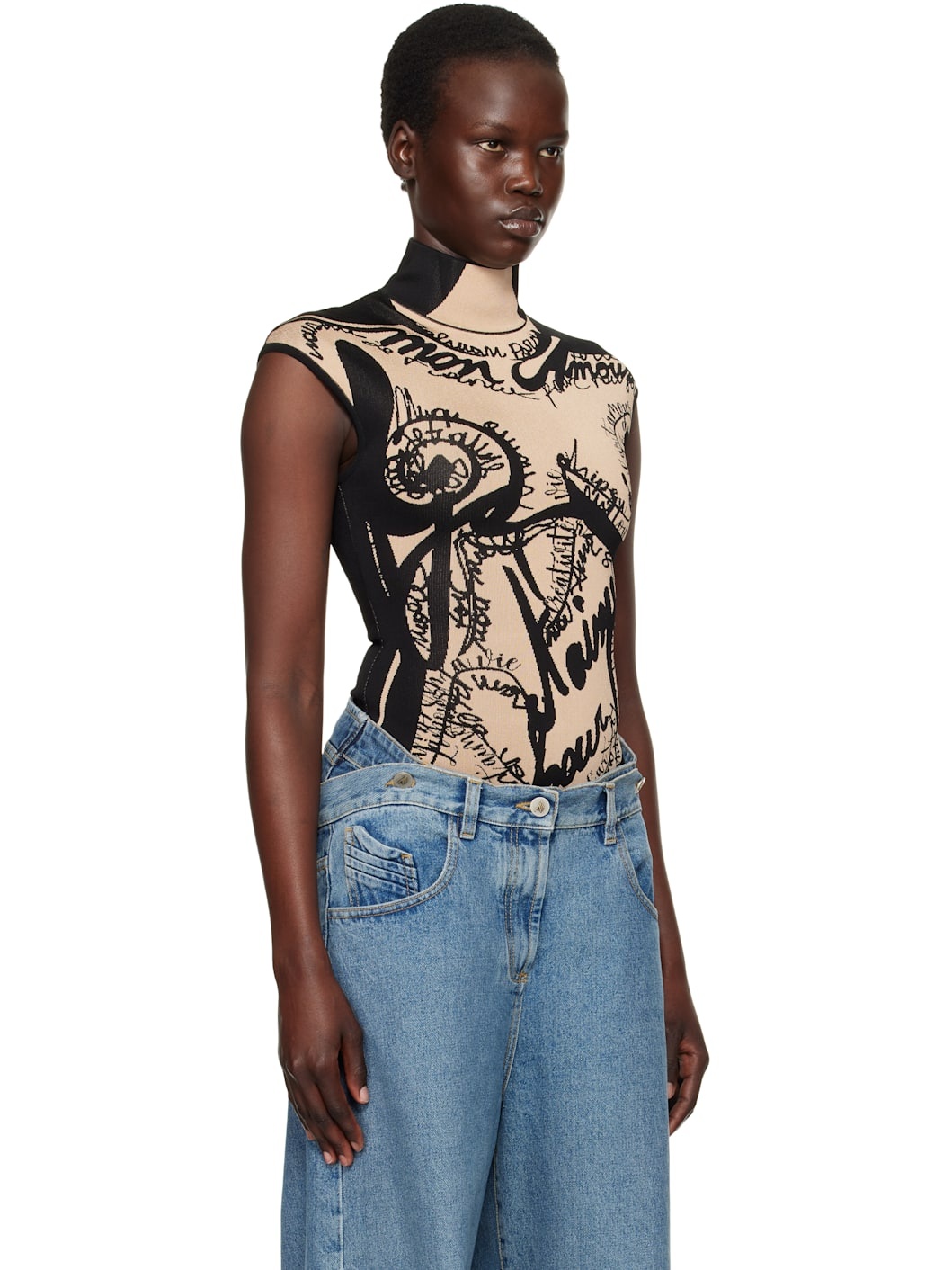Black & Beige Jacquard Knit Torso Motif Bodysuit - 2