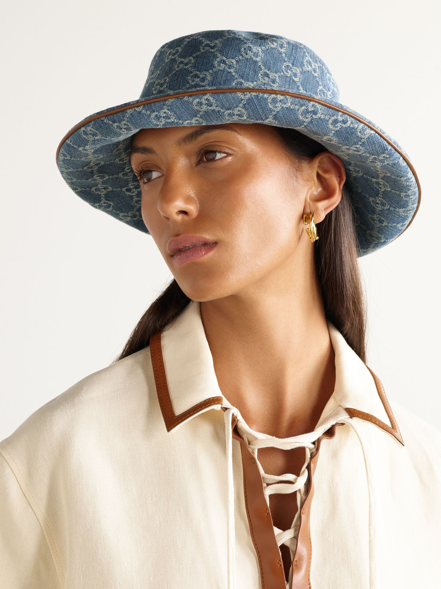 Horsebit-detailed leather-trimmed denim bucket hat Blue - 2