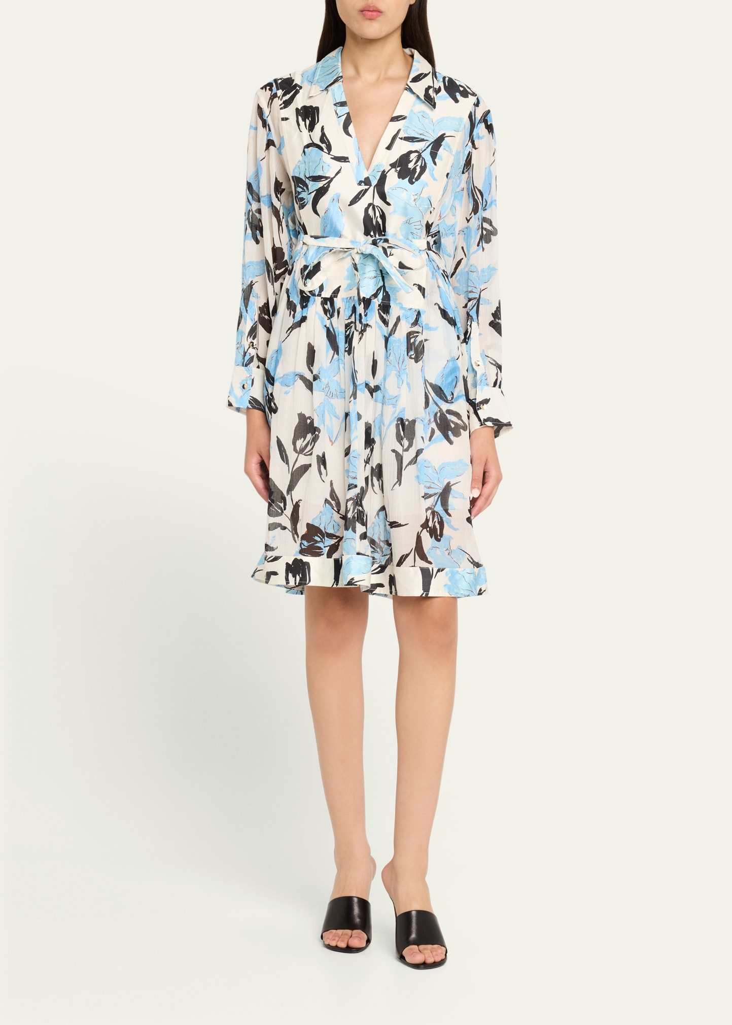 Joyful Tulips Long-Sleeve Shirt Dress with Waist Tie - 2