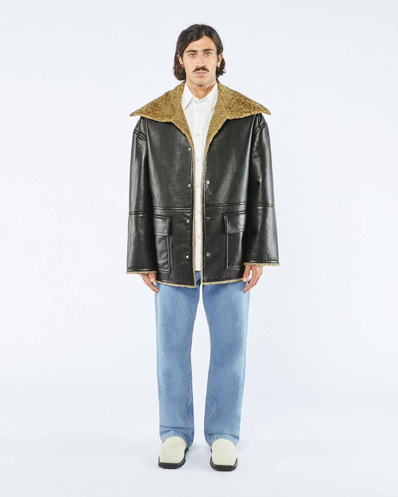 MAUK - Faux shearling-trimmed jacket - Black/khaki - 3