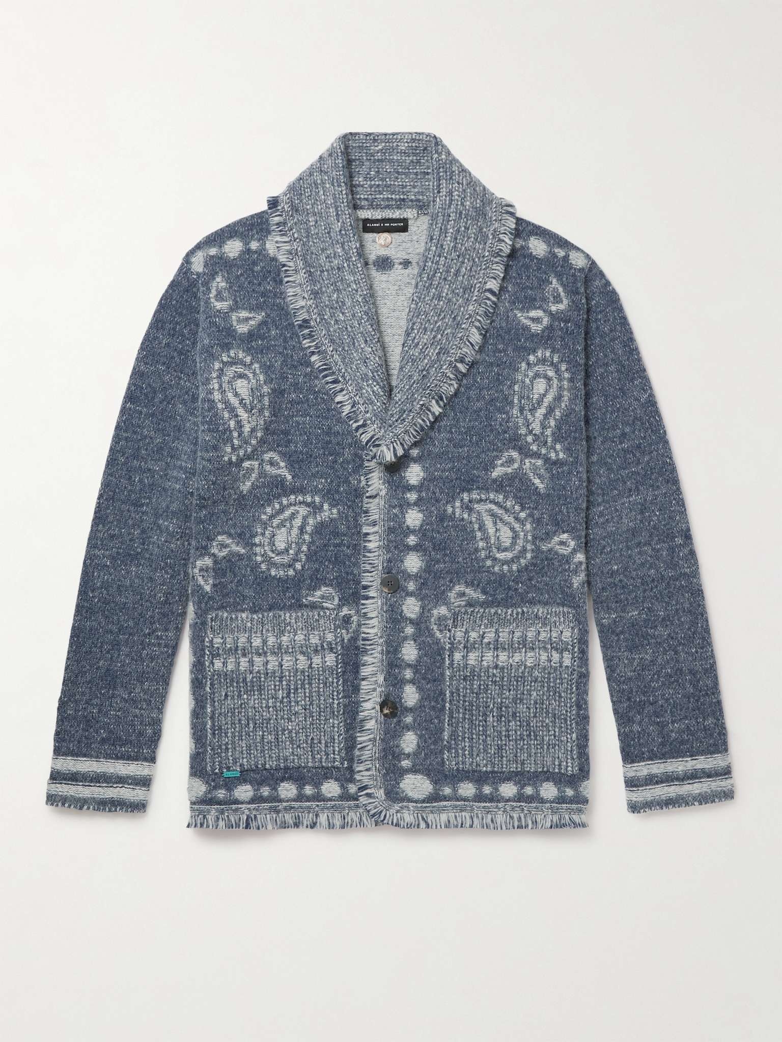 Las Cuevas Shawl-Collar Fringed Bandana-Jacquard Wool-Blend Cardigan - 1