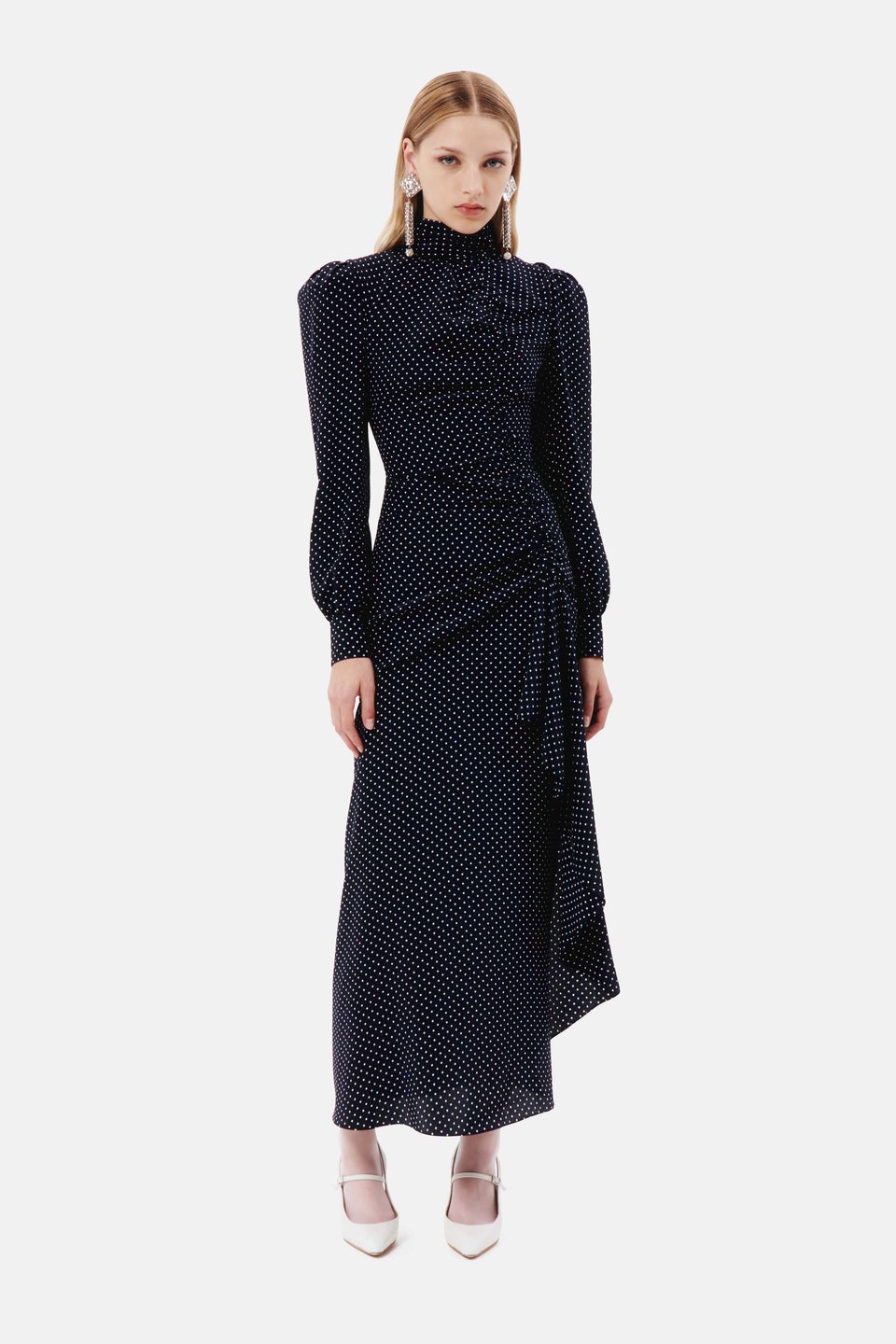 POLKA DOT SILK HIGH NECK DRESS WITH VOLANT - 4