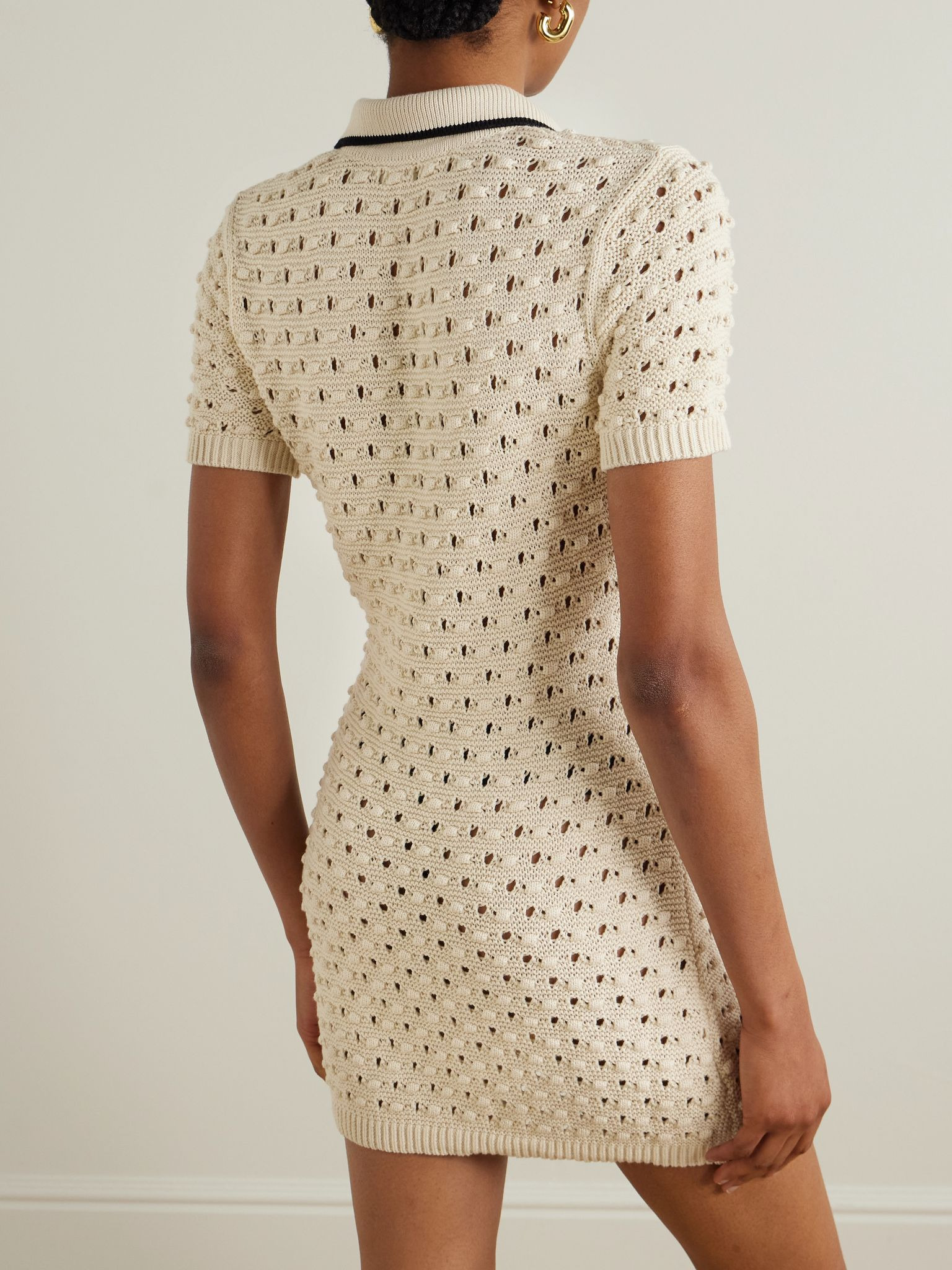 The Bauble piped open-knit cotton mini dress Cream - 3