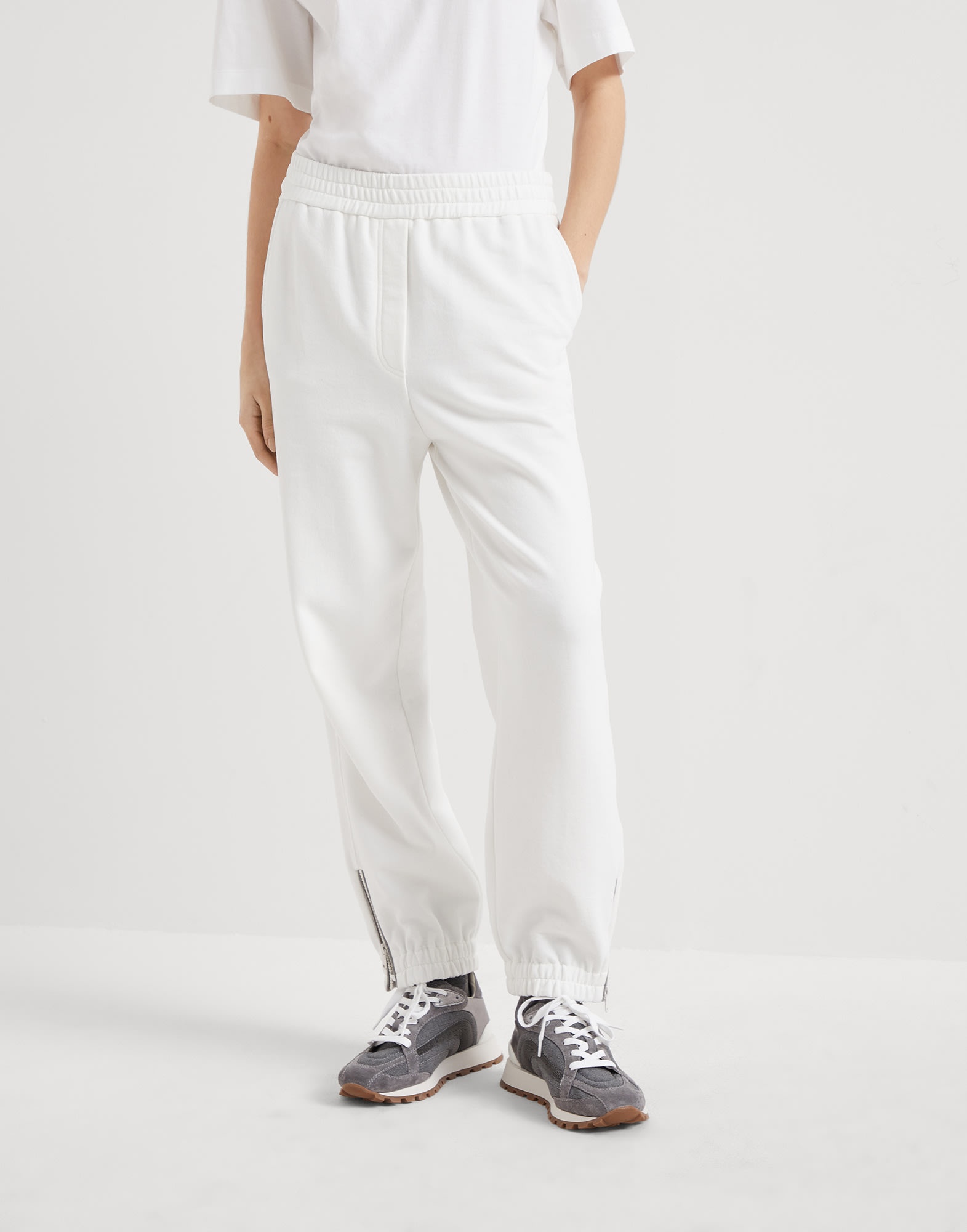 Cotton smooth French terry track trousers with precious zipper cuffs - 1