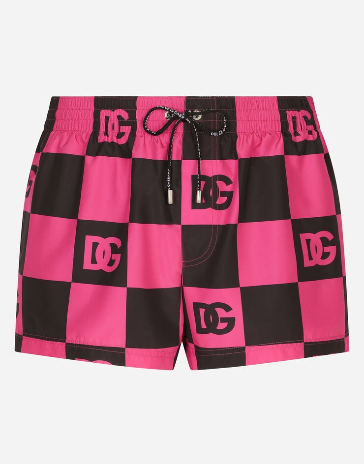 Damier-print short swim trunks with DG logo - 1
