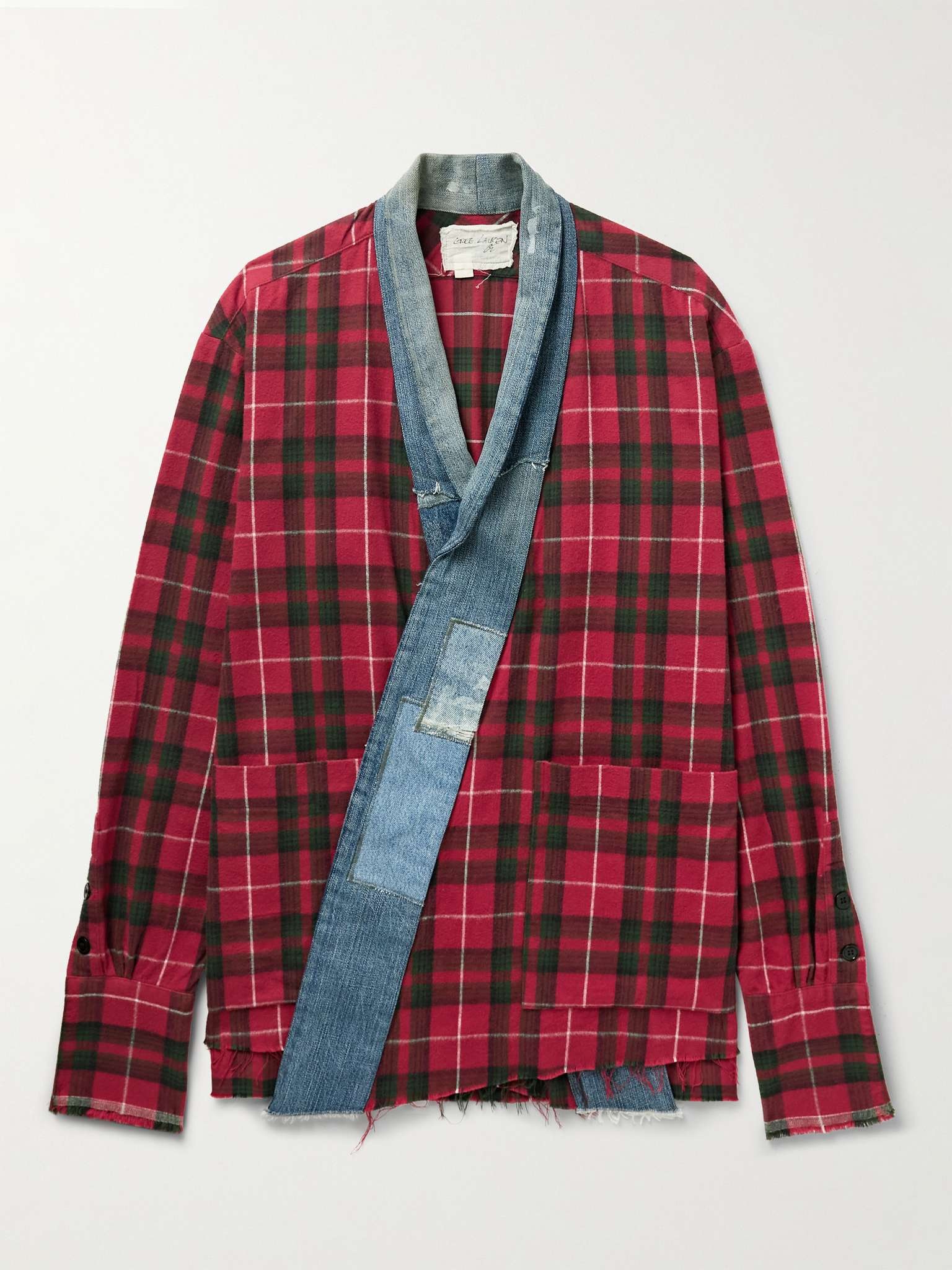 Shawl-Collar Denim-Trimmed Checked Cotton-Flannel Cardigan - 1