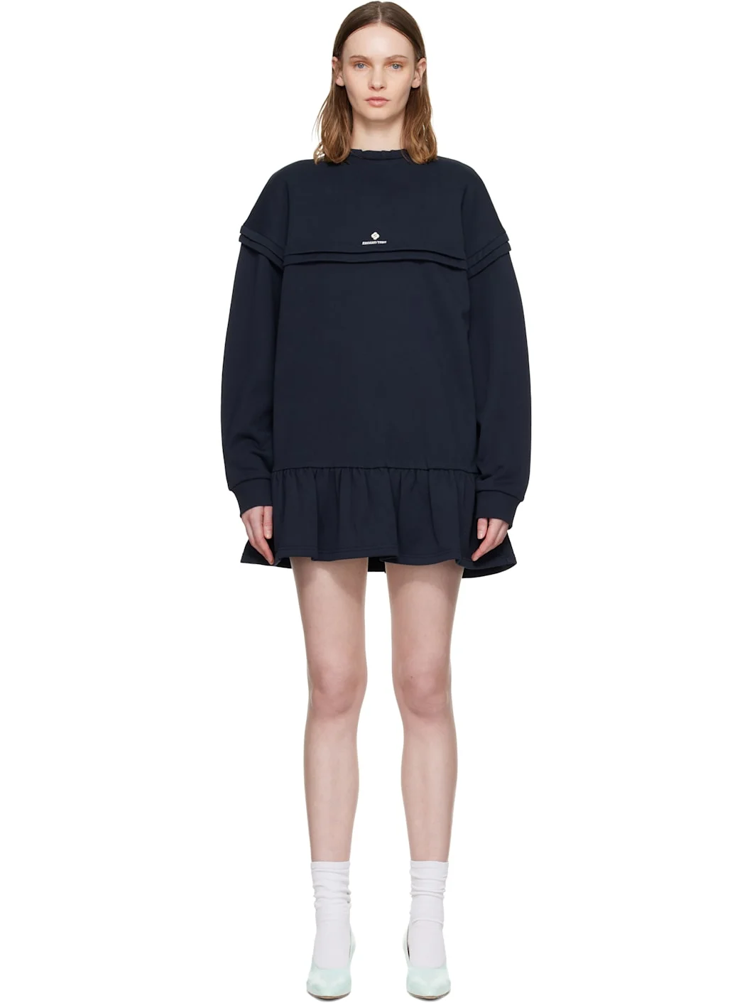 Navy Raw-Edge Wave Collar Tuck Detail Sweatshirt Minidress - 1