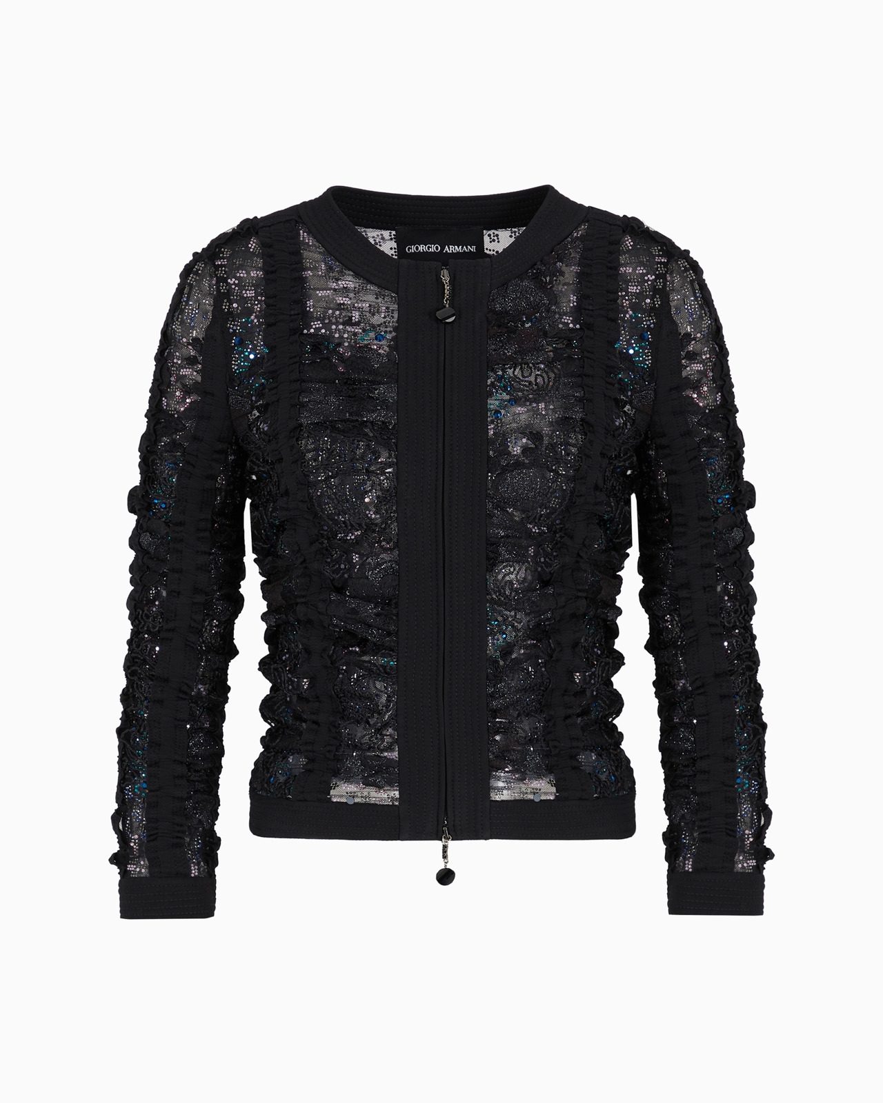 SHORT JACKET IN BLACK EMBROIDERED LACE WITH ZIP - 1