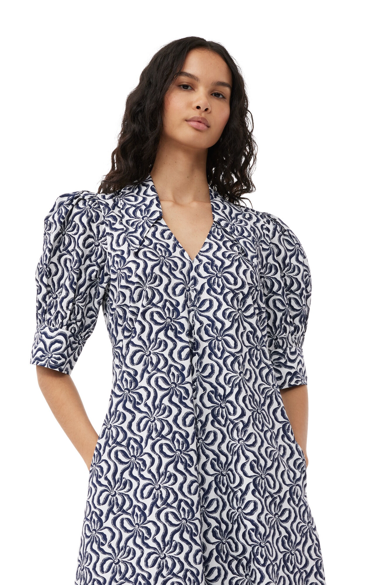 PRINTED COTTON POPLIN V-NECK LONG DRESS - 6