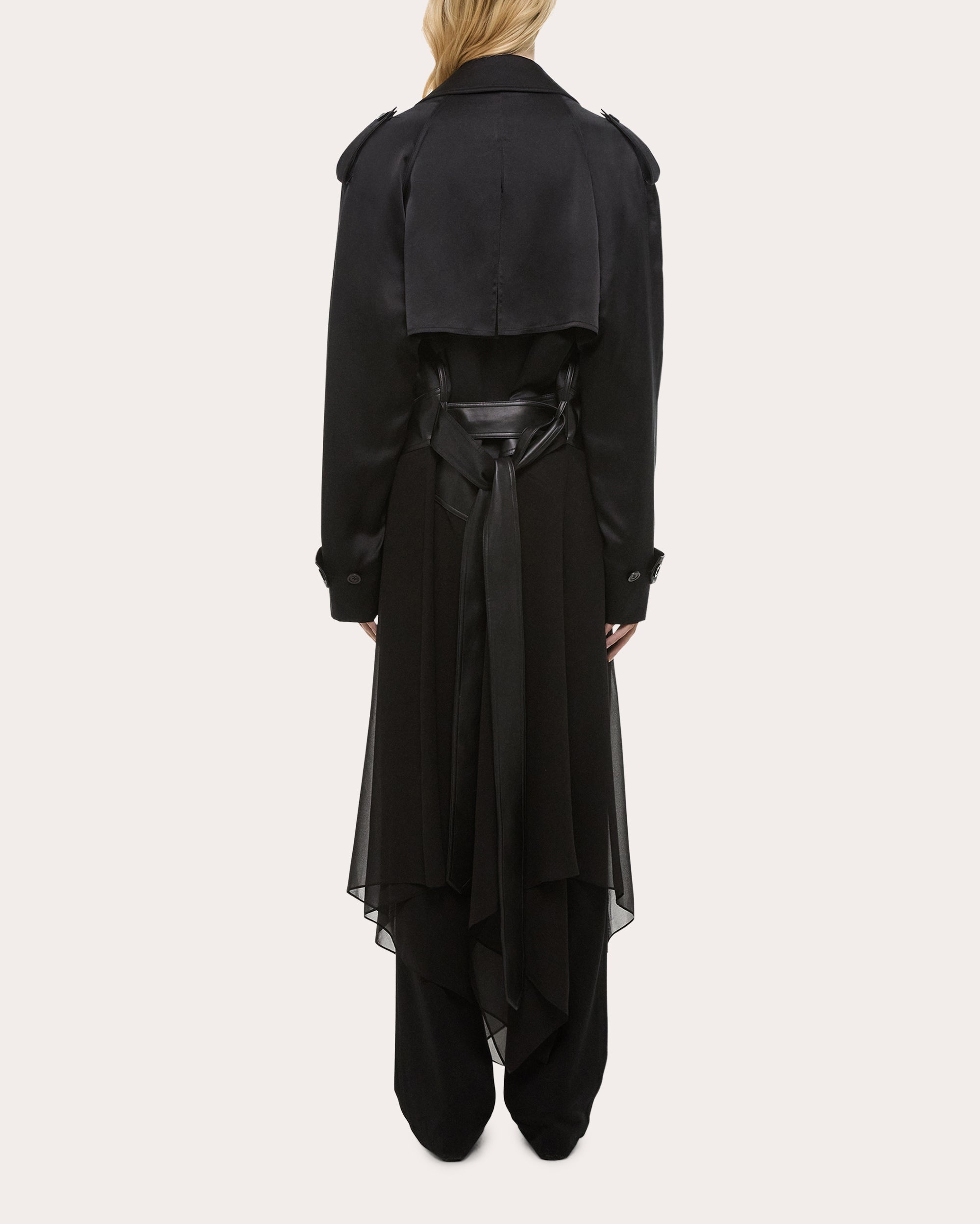 Leather Trimmed Silk Chiffon Trench Coat - 2