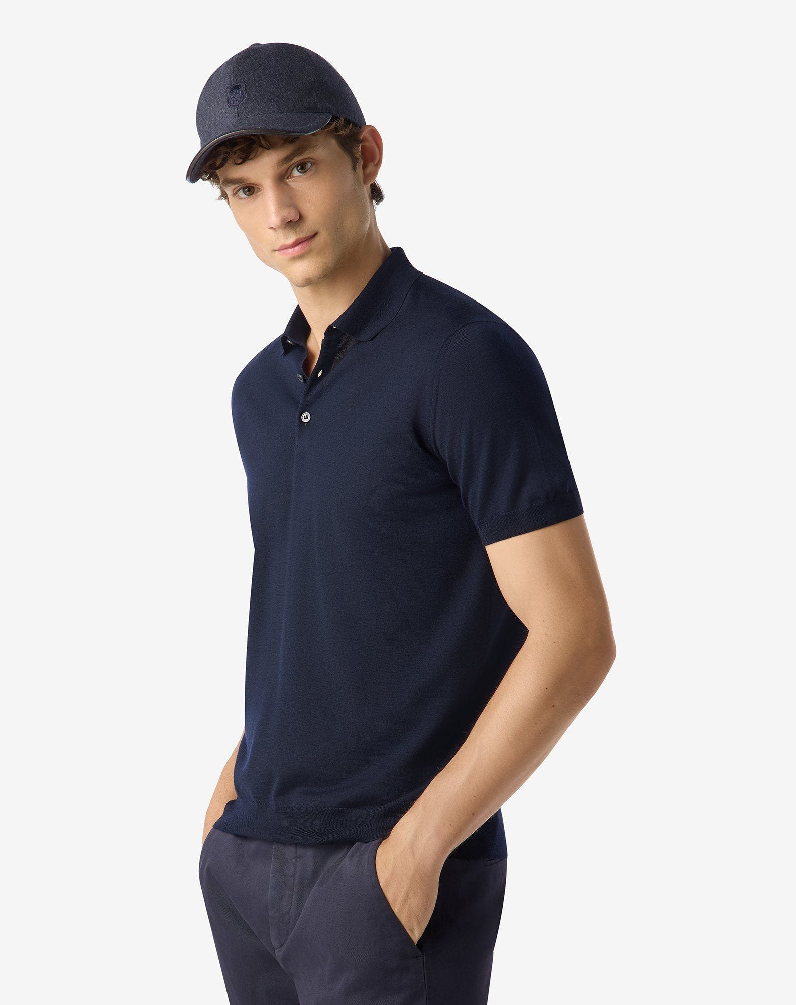 Blue ultra-fine 120's wool button-up polo shirt - 2