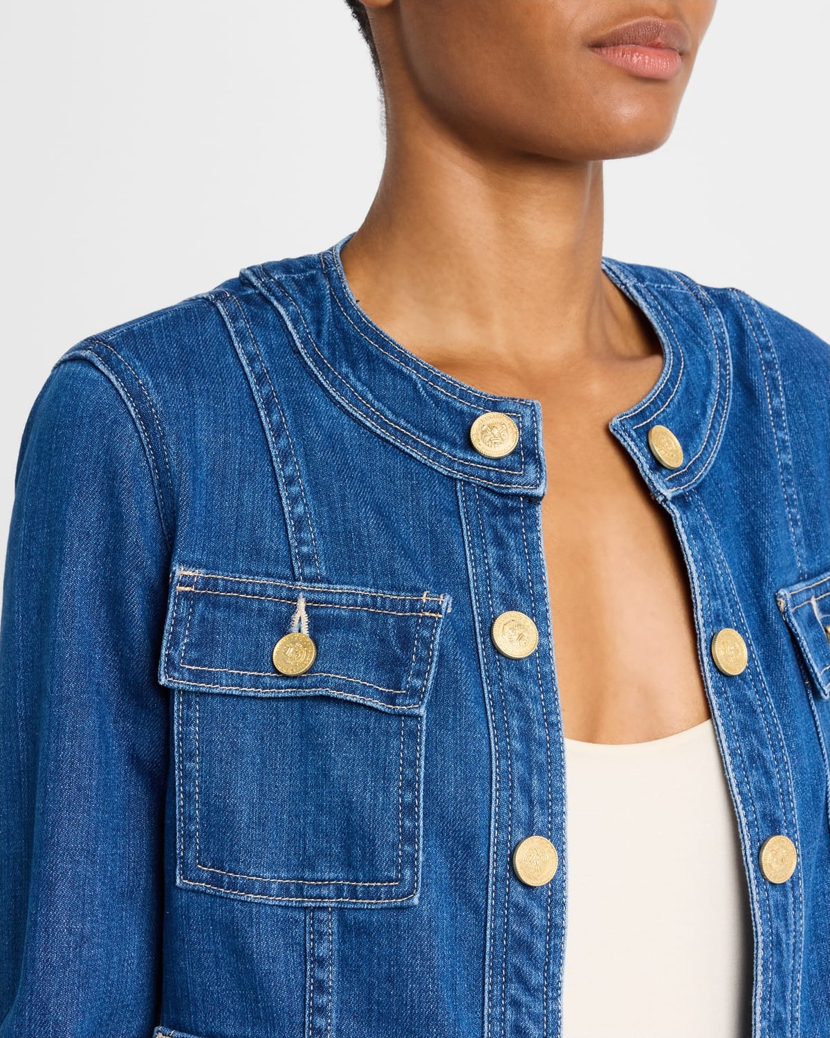 L'AGENCE Yari Faded Collarless Denim Jacket | neimanmarcus