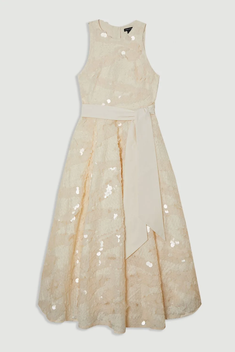 Textured Sequin Floral Belted Woven Tie Maxi Prom Dress - 1