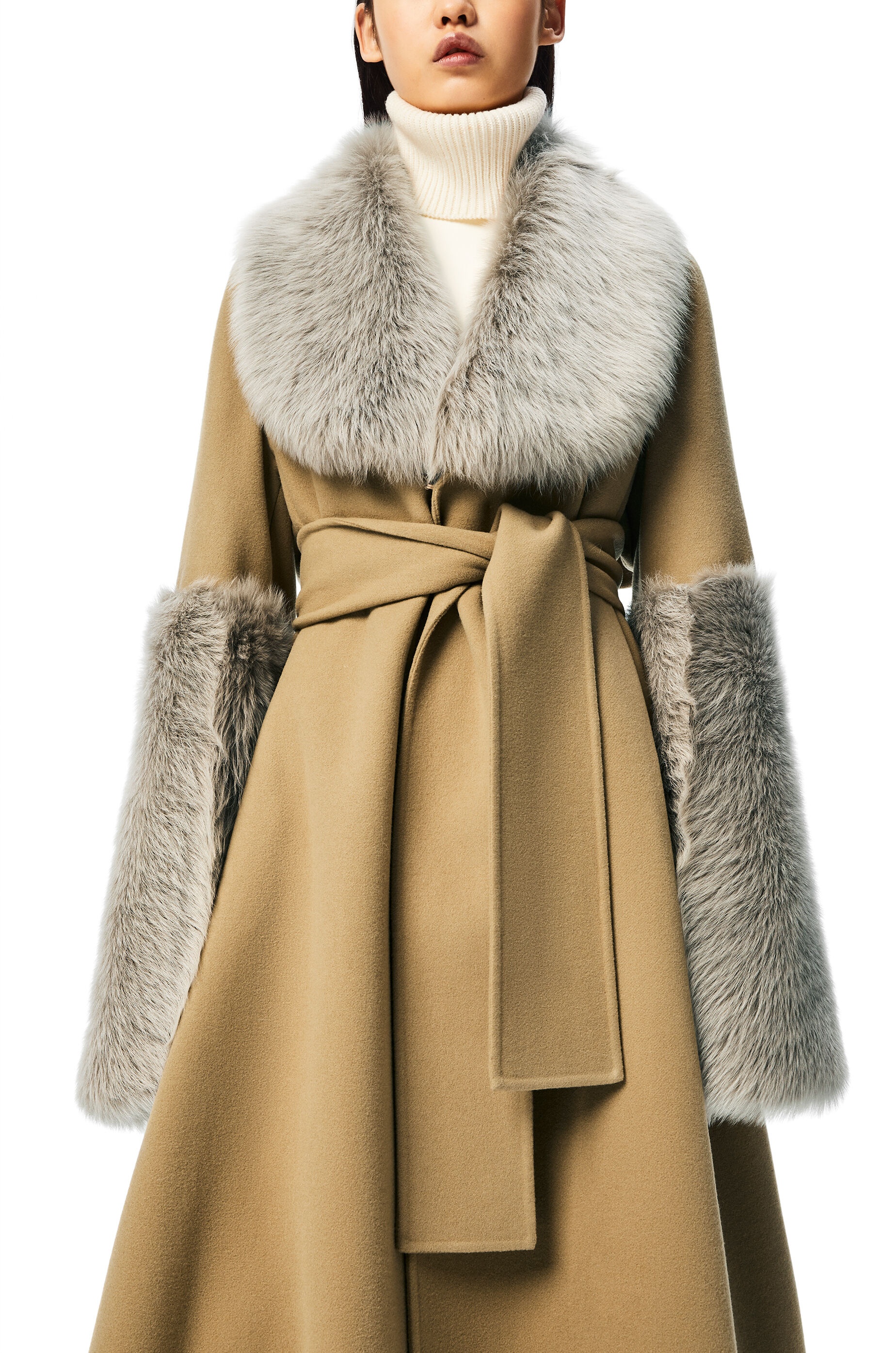 Shearling trim belted coat in wool and cashmere - 6