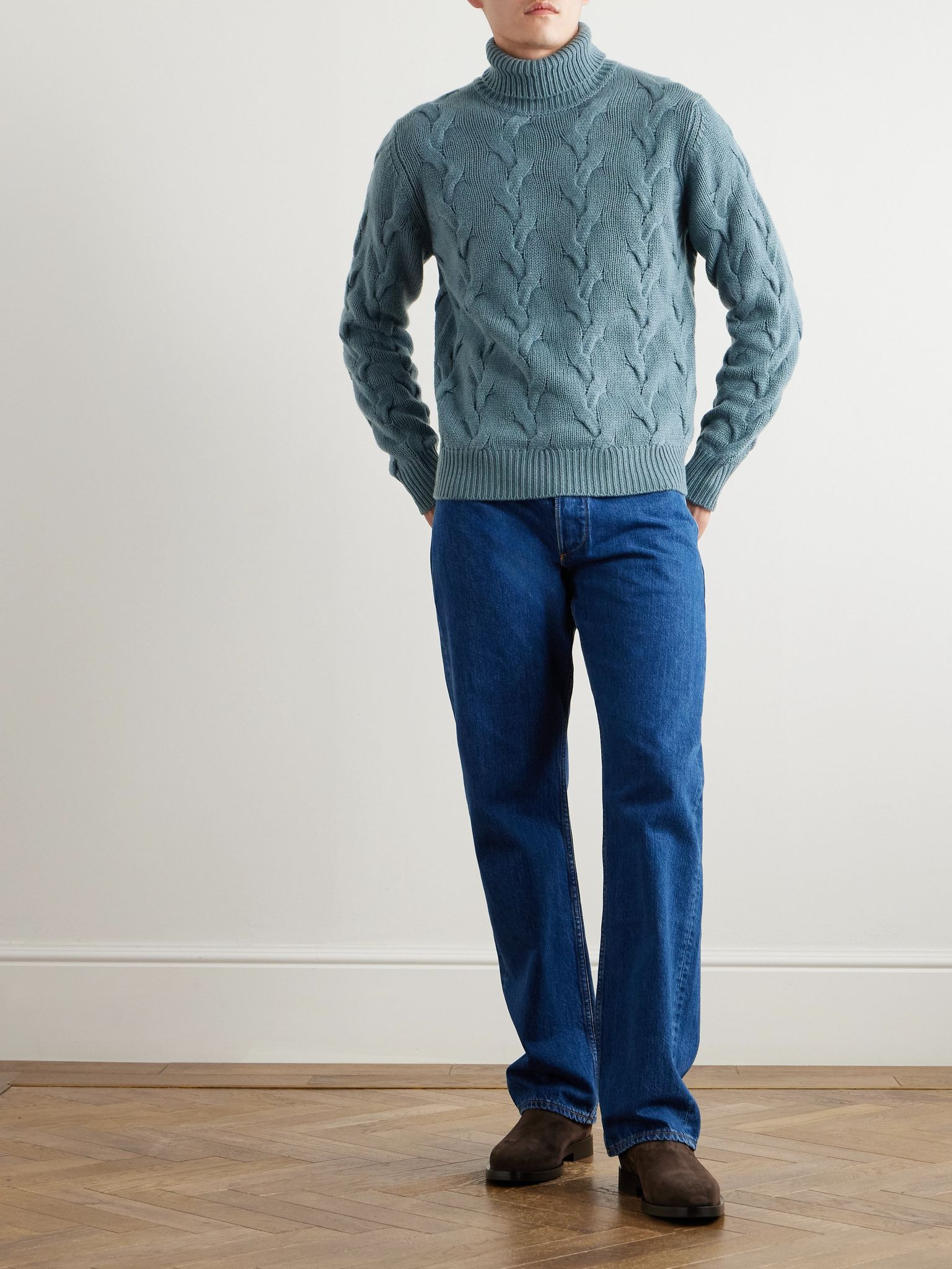 Cable-Knit Cashmere Rollneck Sweater Blue - 2