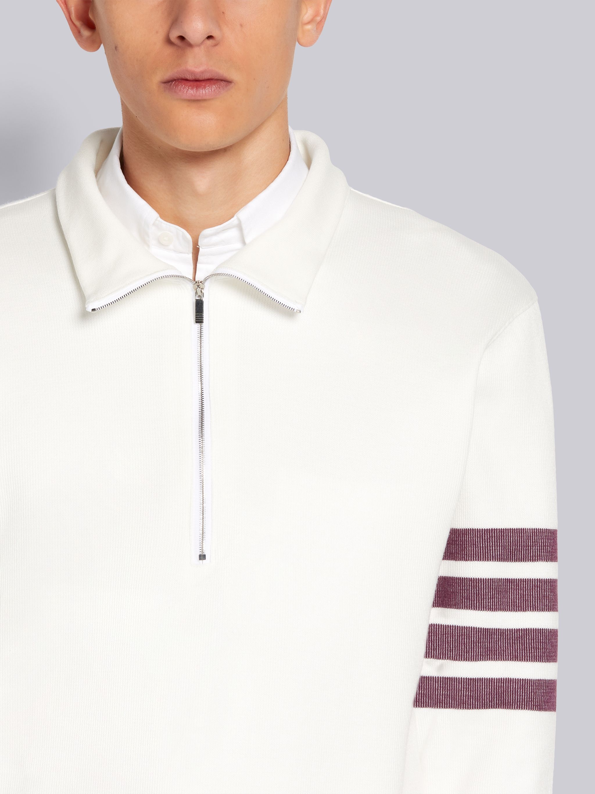 White Double Face Cotton Knit 4-Bar Stripe Half Zip Funnel Neck Pullover - 5