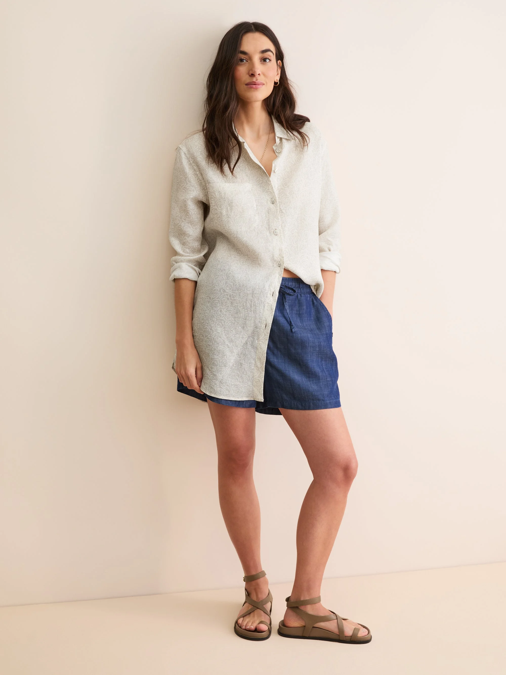 Women's Longline Shirt Milan Linen Rose Print Sand - 1