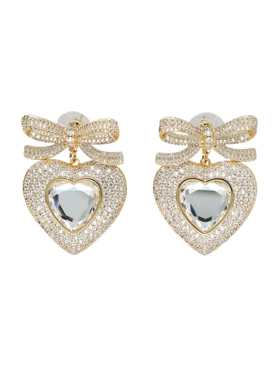 Self-Portrait Gold Bow Crystal Heart Earrings - 1