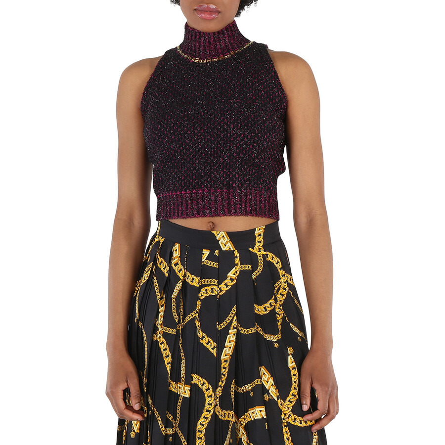 Versace Ladies Black / Multi Tweed Turtleneck Cropped Wool-blend Top - 3
