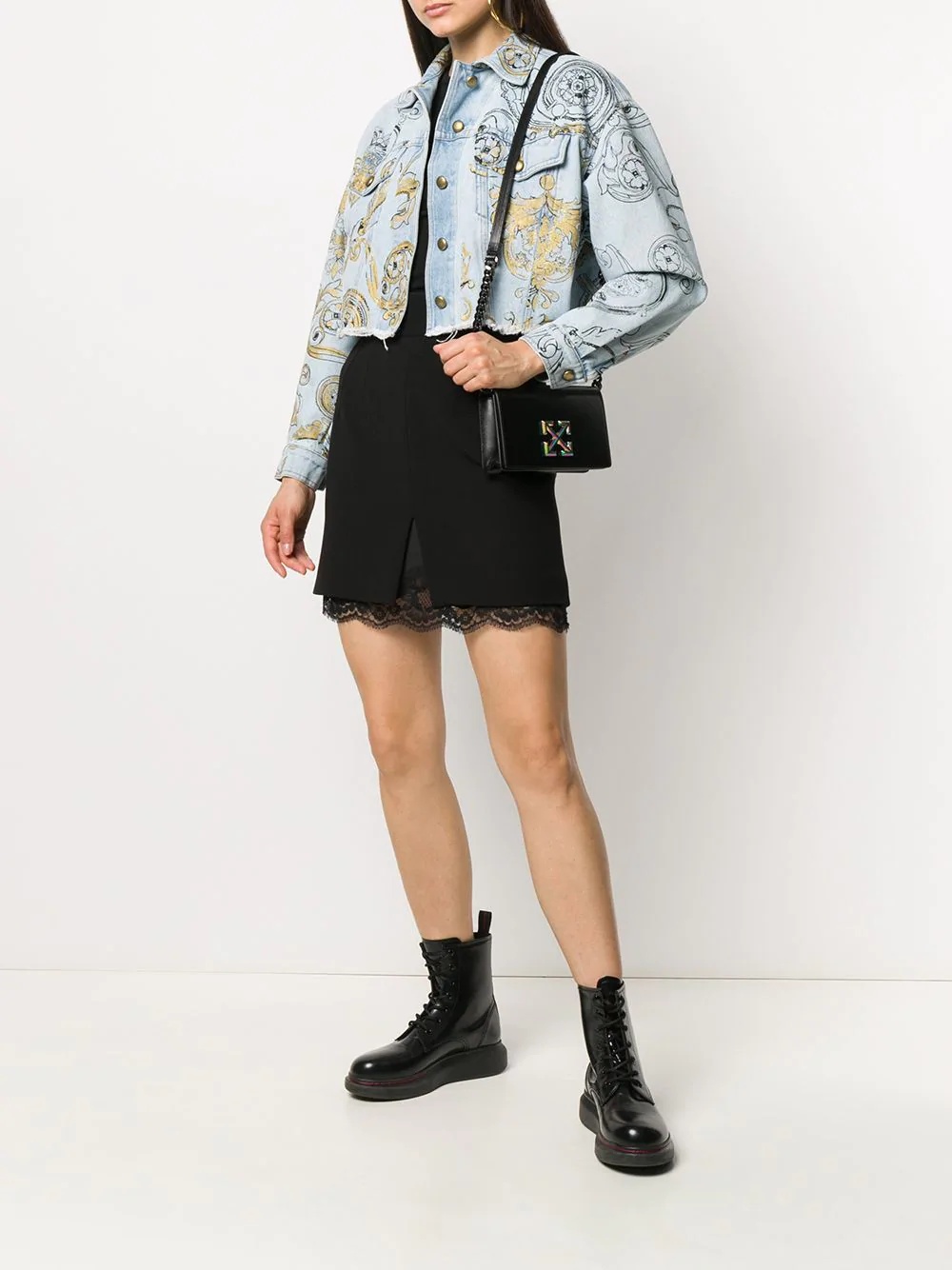 cropped baroque print denim jacket - 2