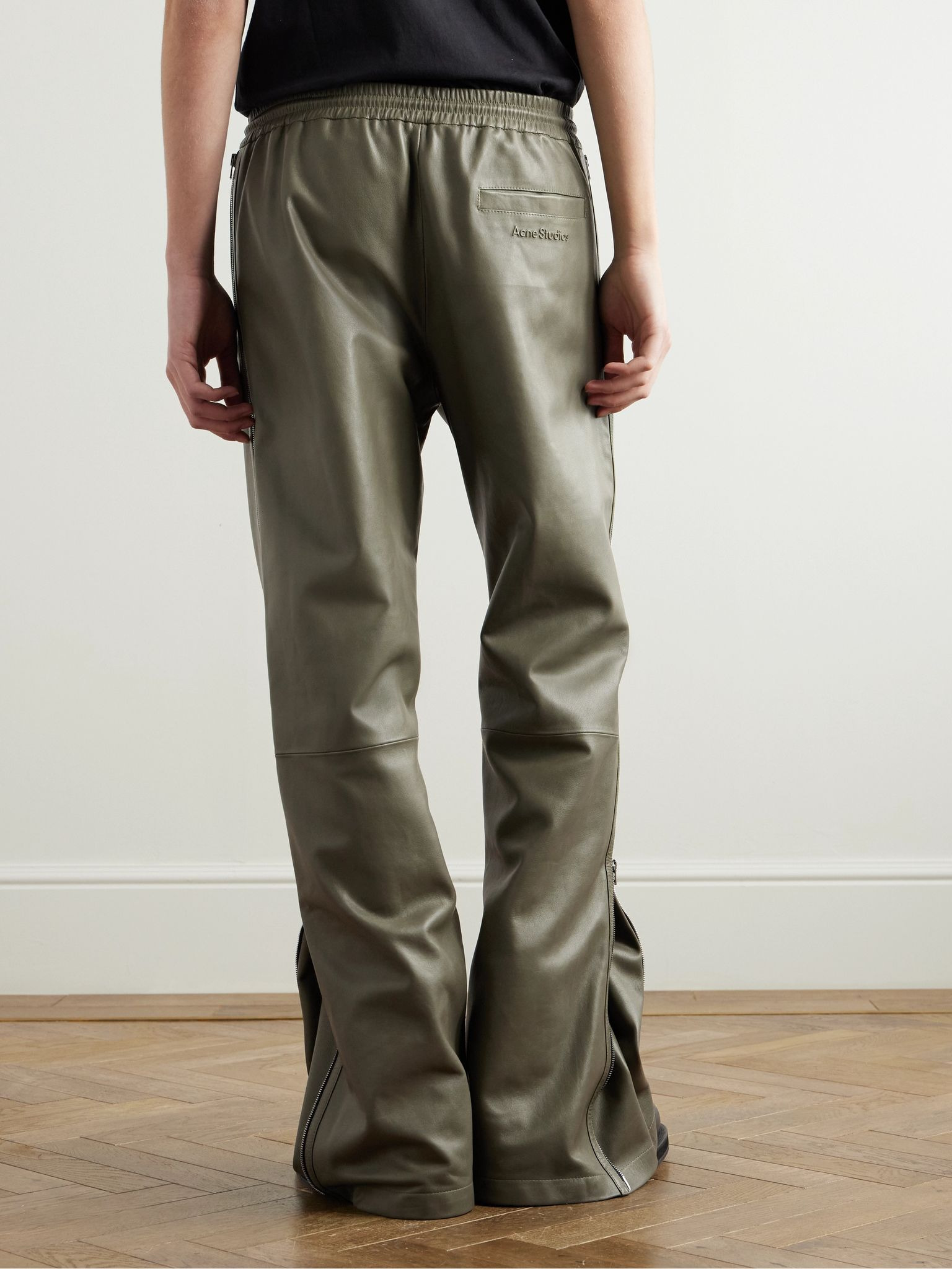 Straight-Leg Zip-Detailed Leather Drawstring Trousers Green - 4