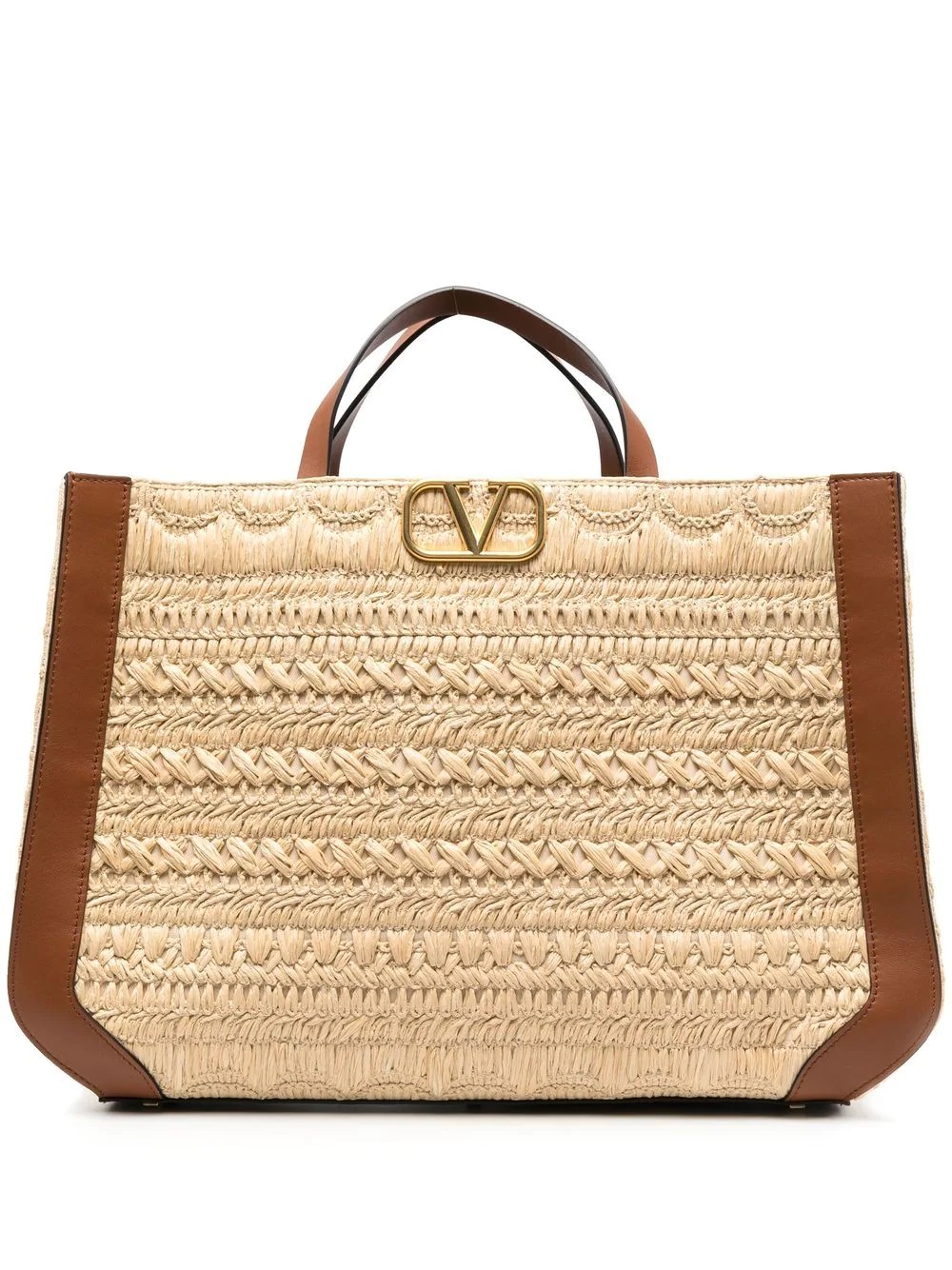 VLogo Signature embroidered raffia tote bag - 1