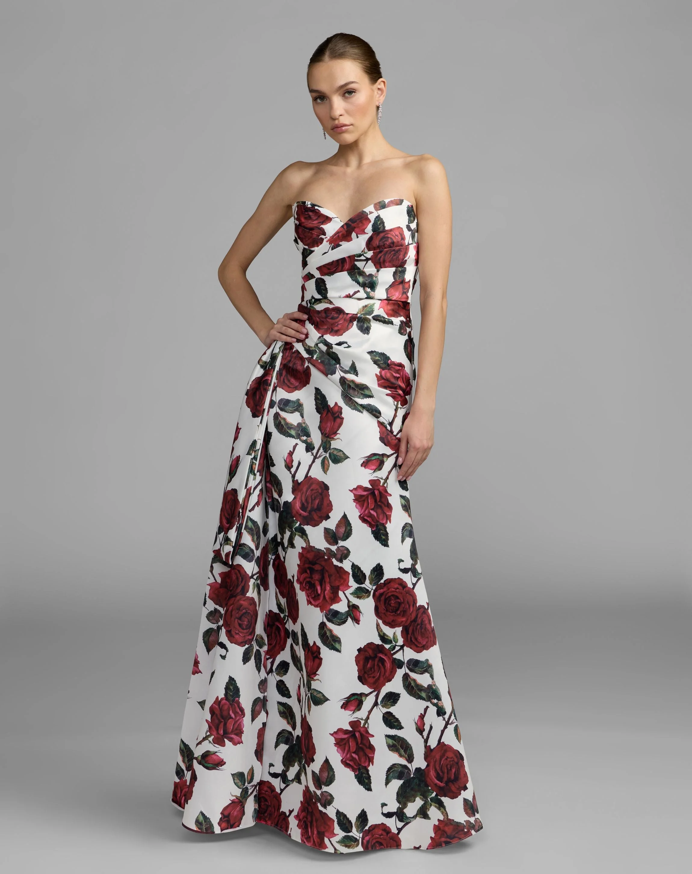 Rose Multi Floral Strapless Satin Gown With Bow - 1