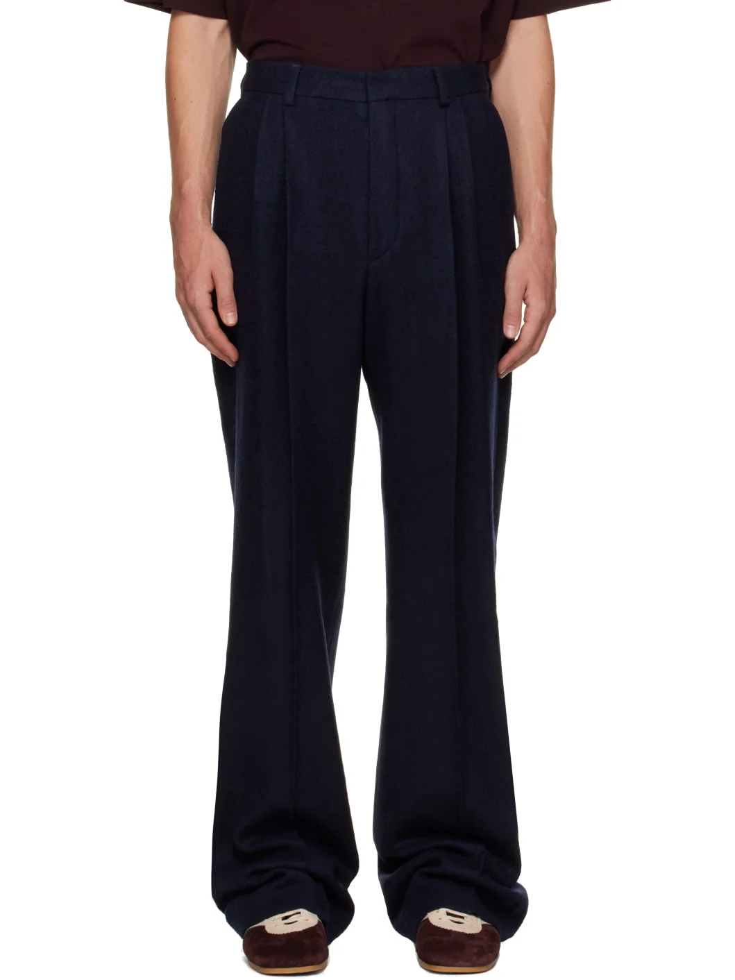 Navy Pleated Wool Trousers - 1