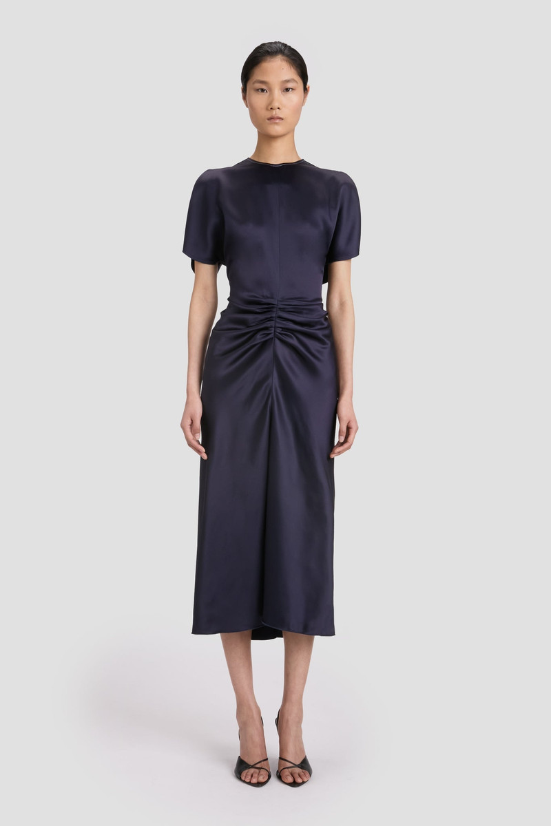 Victoria Beckham Gathered Waist Midi Dress In Midnight outlook