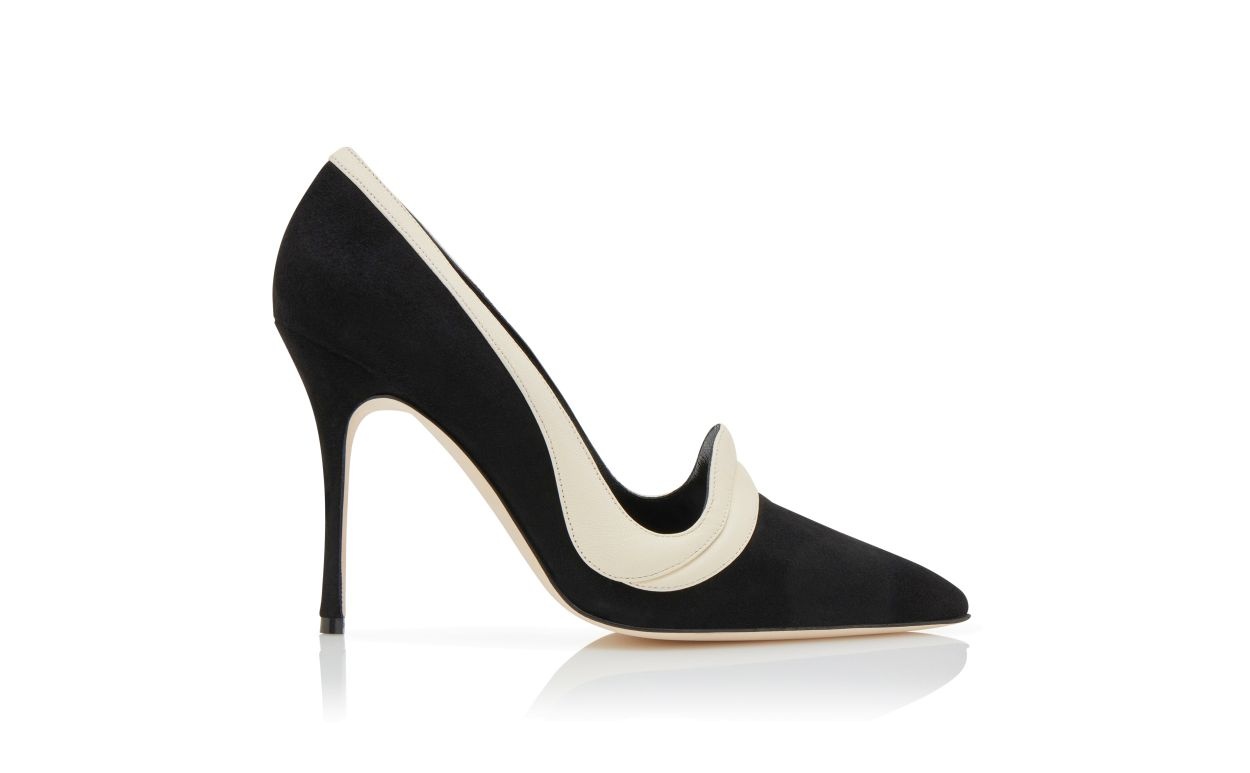 Black and Cream Suede Pointed Toe Pumps - 1