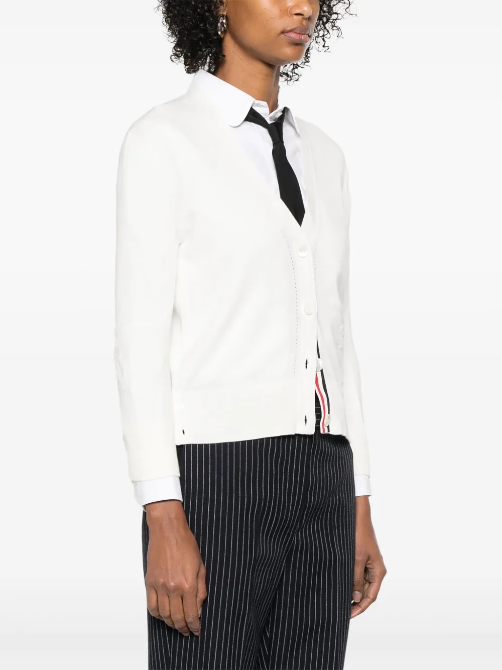 THOM BROWNE - Women Feather Jersey Intarsia Mix Stitch 3/4 Sleeve V Neck Cardigan - 2