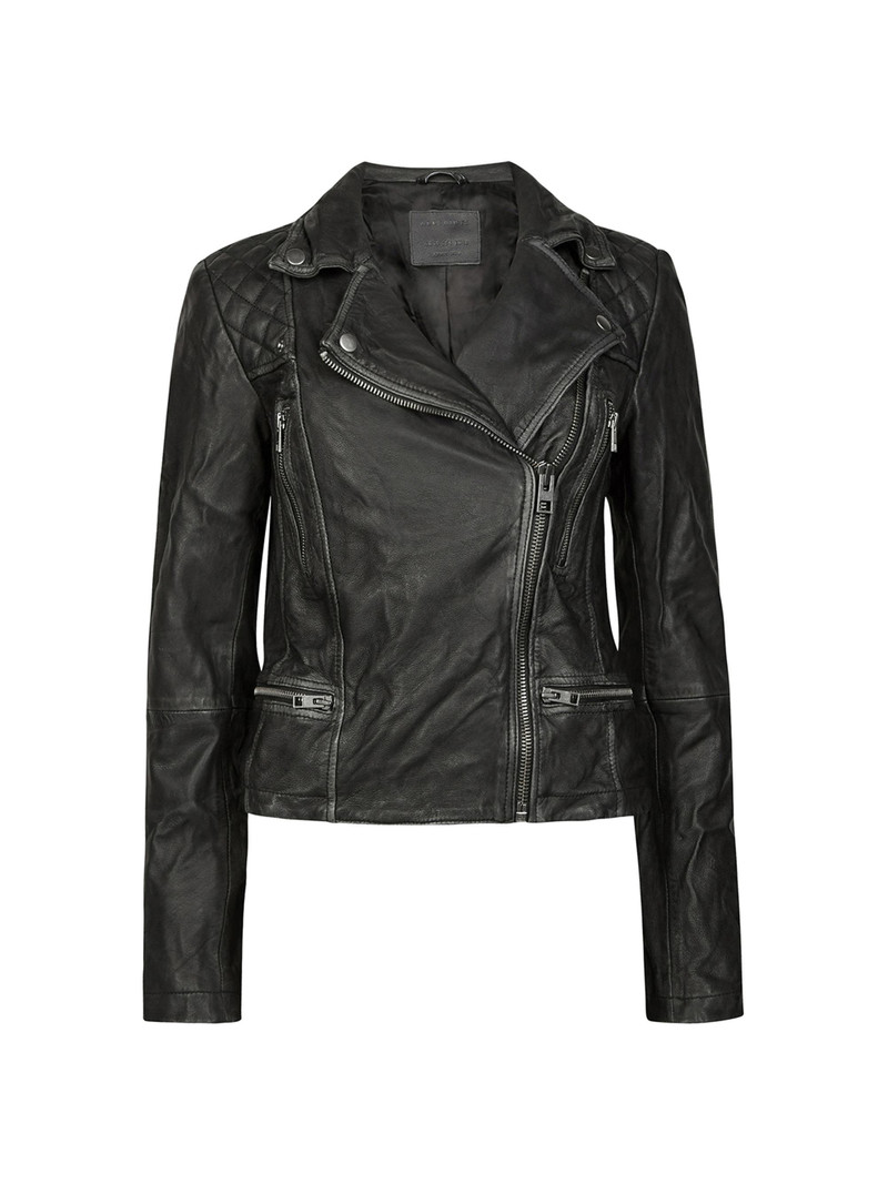 Women's Cargo Leather Biker Jacket - Black Grey 1