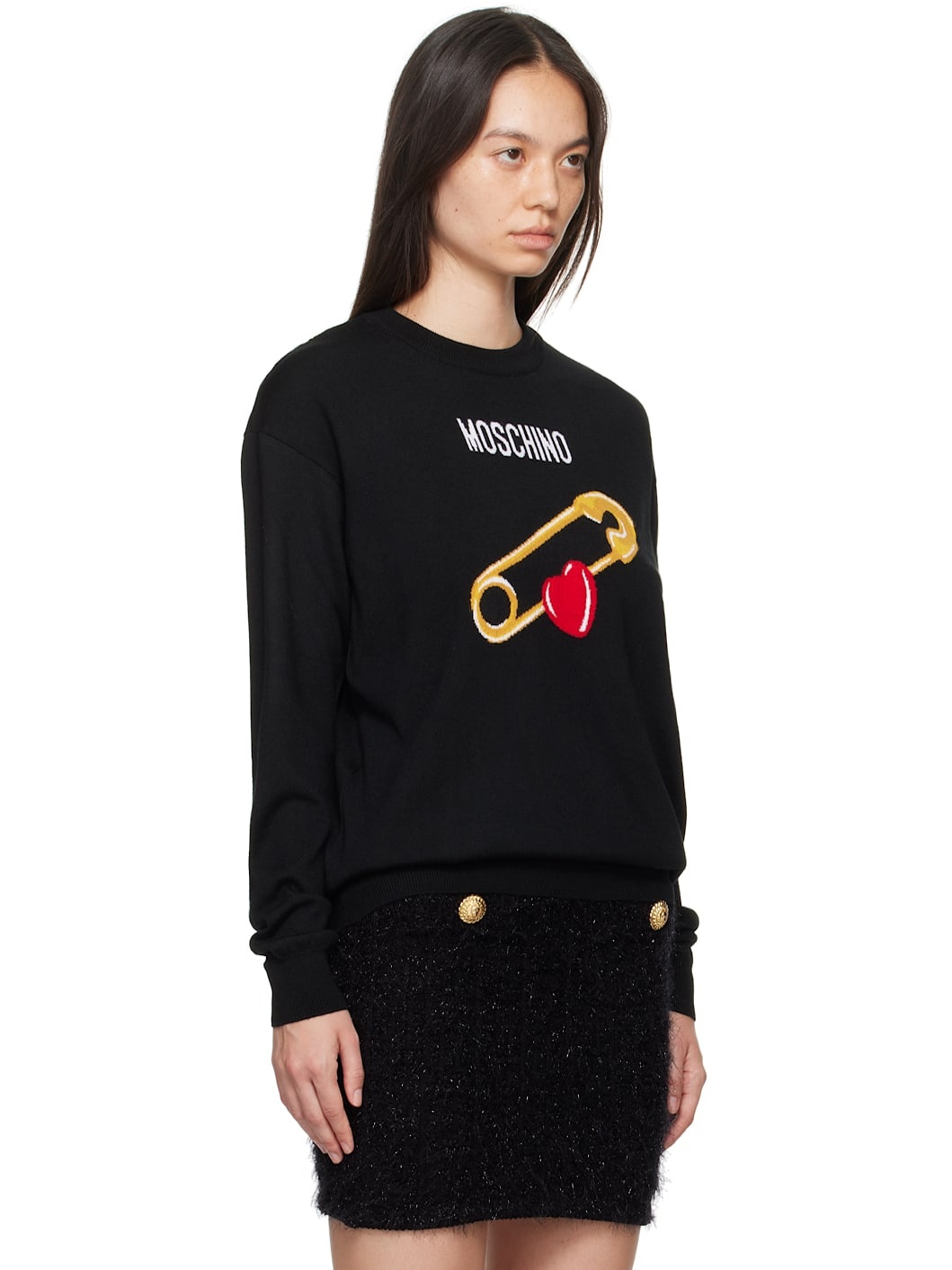 Black Intarsia Heart Safety Pin Sweater - 2