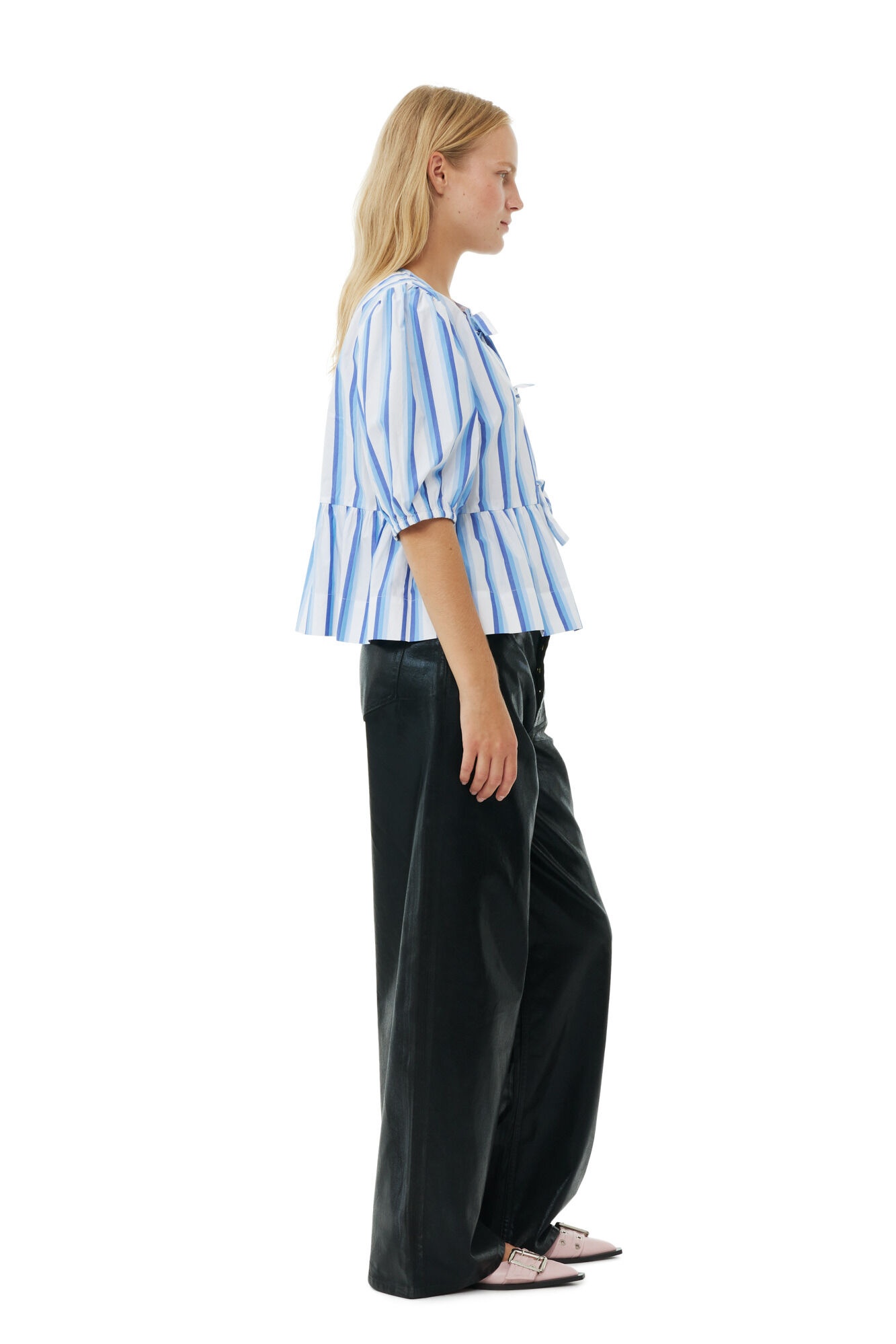 BLUE STRIPED COTTON POPLIN PEPLUM TIE BLOUSE - 4