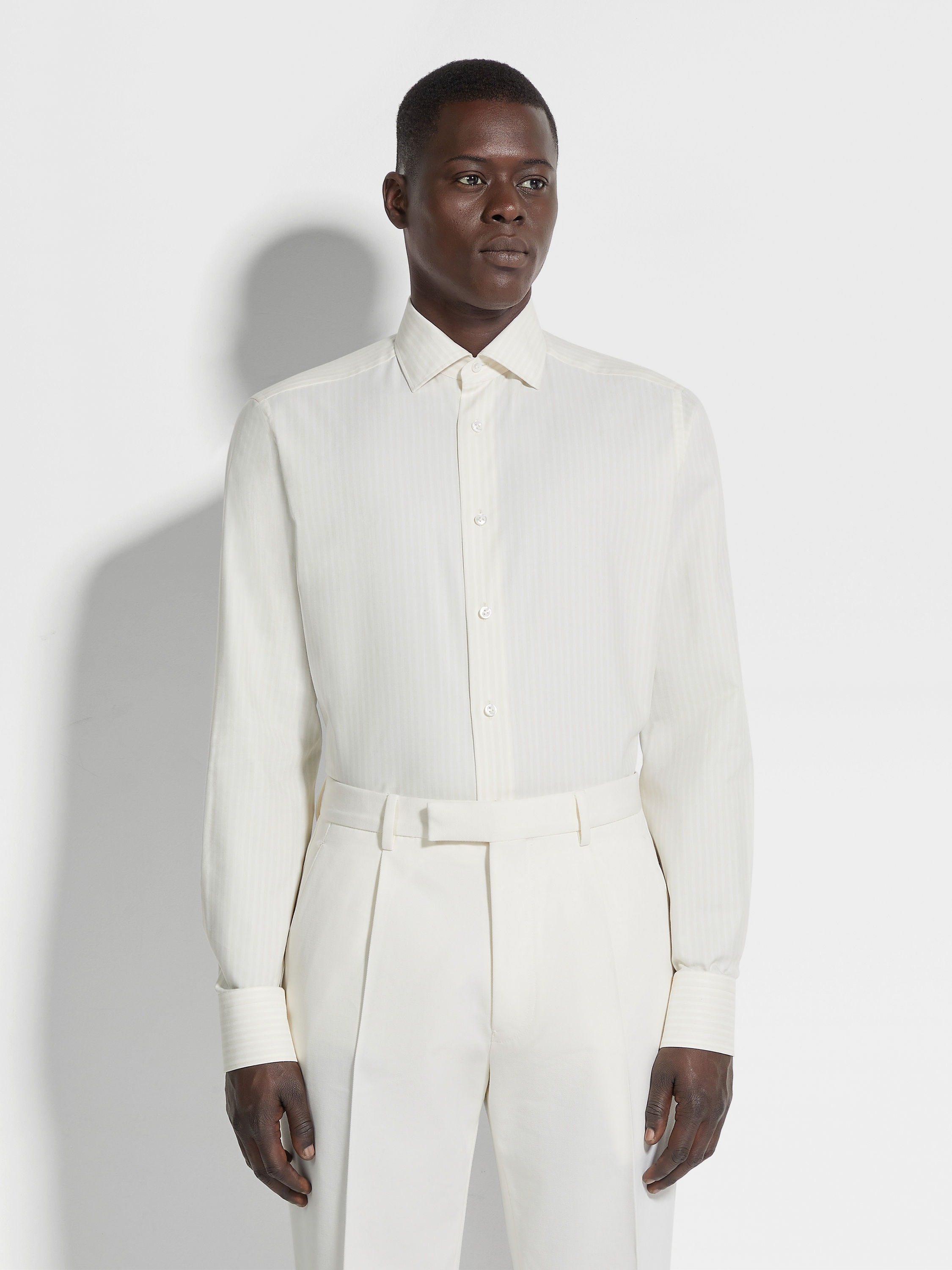 WHITE AND LIGHT BEIGE MACRO-STRIPED SILK COTTON AND CASHMERE SHIRT - 3