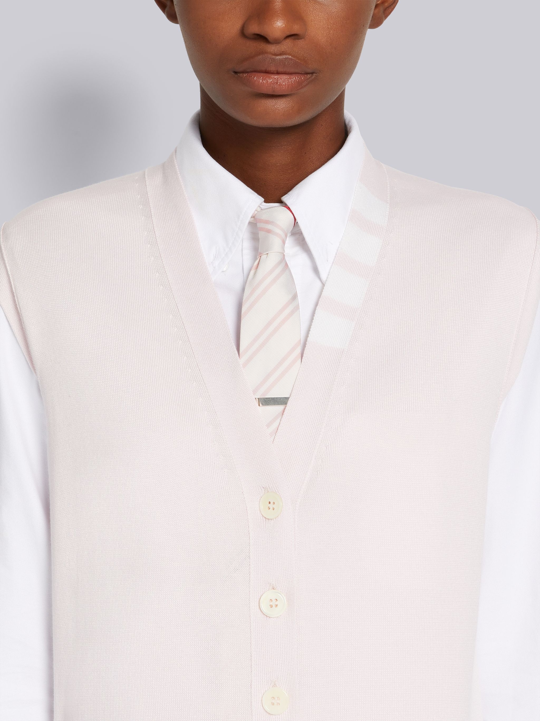 Light Pink Stretch Silk Cotton Jersey 4-Bar Trim Pleated Bottom Mini Vest Dress - 4
