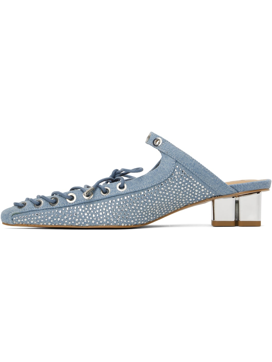 Blue Lace-Up Denim Mules - 3