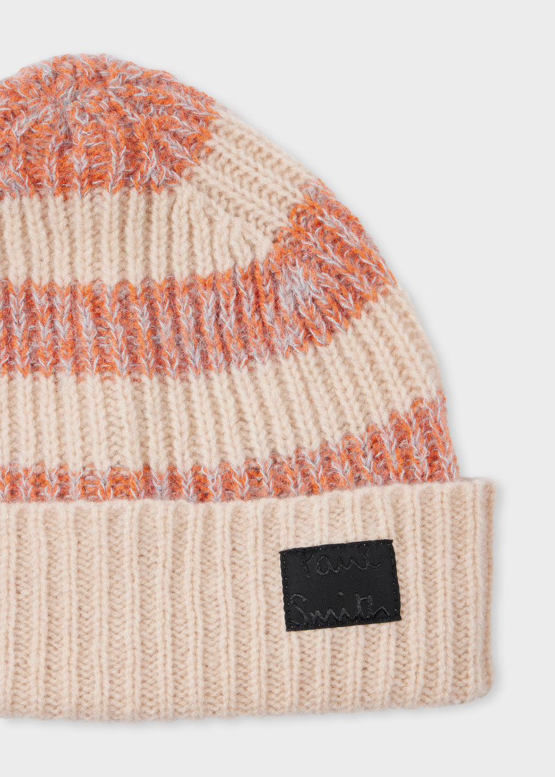 Women's Pink and Beige Lambswool-Blend Block Stripe Beanie and Scarf Set 6