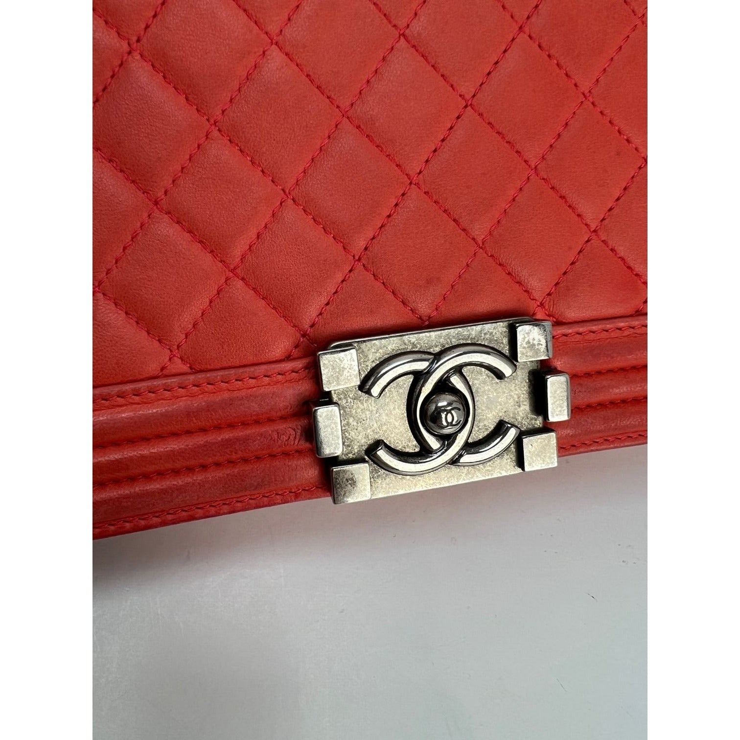 CHANEL Lambskin Quilted Medium Boy Red Flap Bag - 17