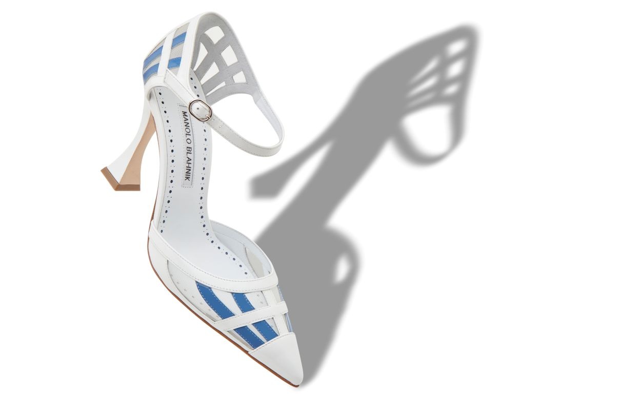 White and Blue Patent Leather Ankle Strap Pumps - 2