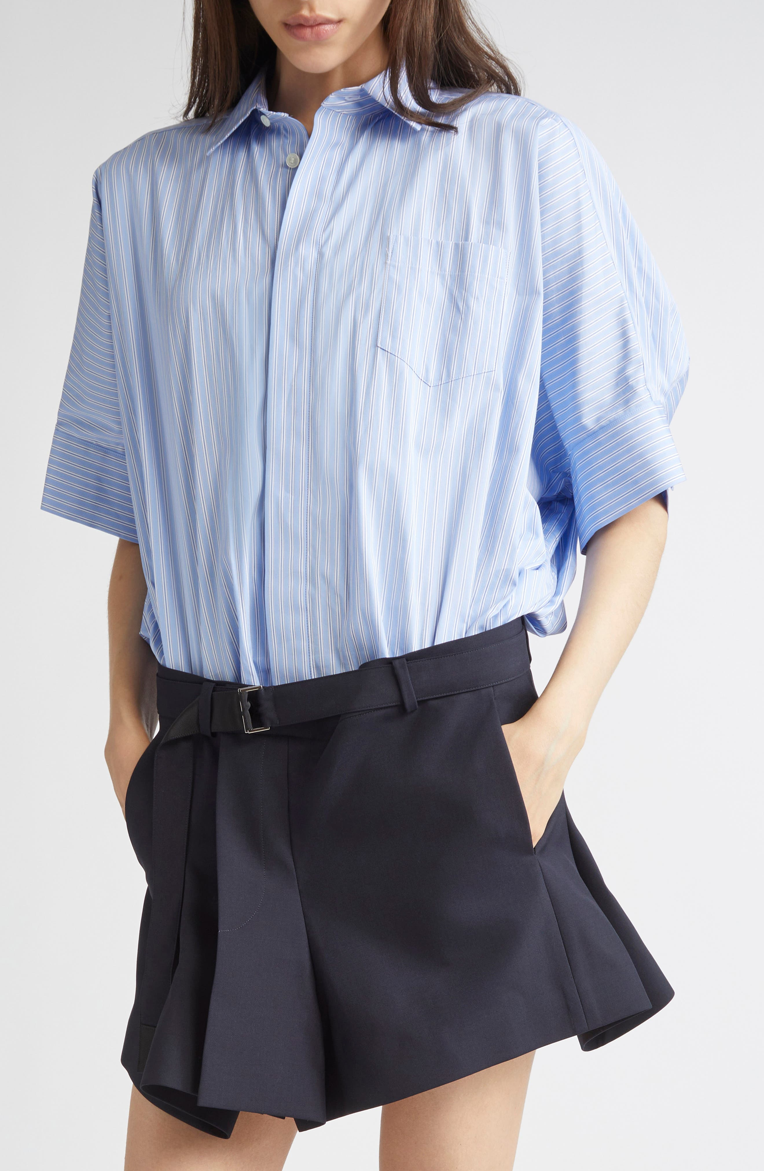 Sacai Mixed Media Poplin & Suiting Shirtdress in Light Blue/Stripe Navy at Nordstrom - 4