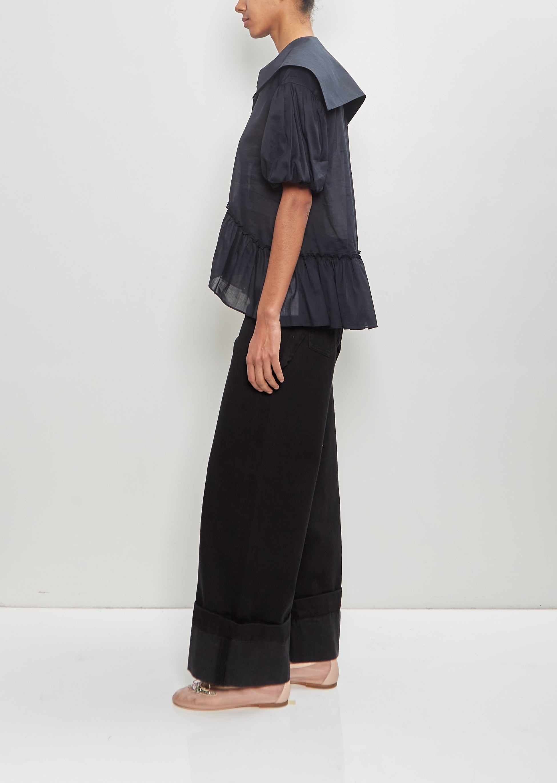 Ramie Cotton Sailor Collar Puff Sleeve Shirt - 2